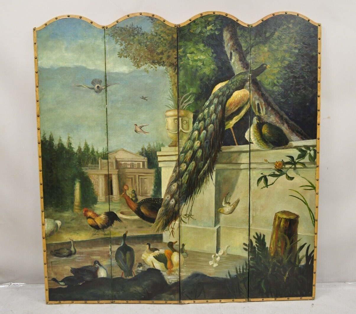 Écran vénitien peint à la main sur toile 4 sections paon oiseau en vente 5
