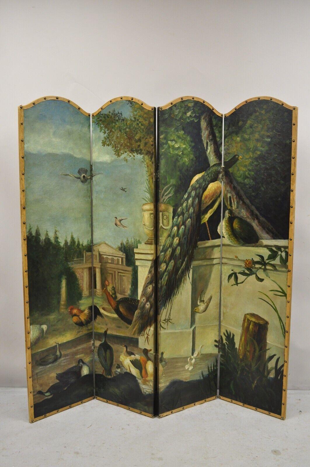 Antique Venetian Hand Painted Oil on Canvas Folding 4 Section Peacock Bird Screen Room Divider. Circa 1900.
Measurements: 
Overall: 67.25