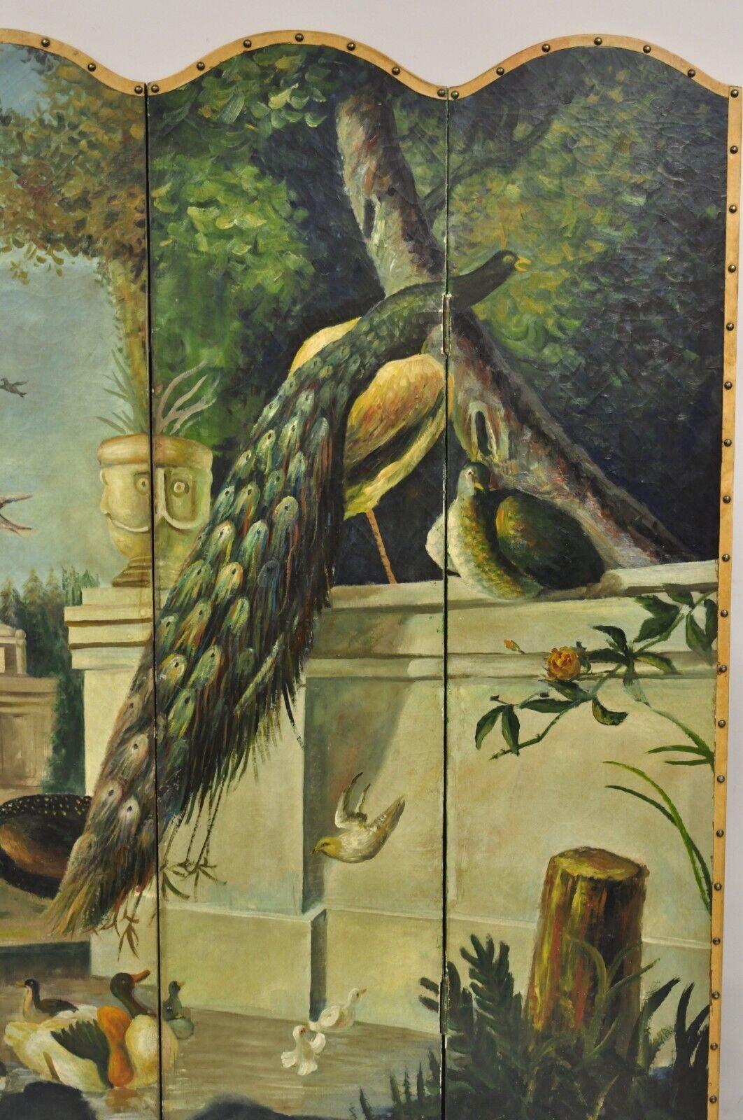 Gothique Écran vénitien peint à la main sur toile 4 sections paon oiseau en vente