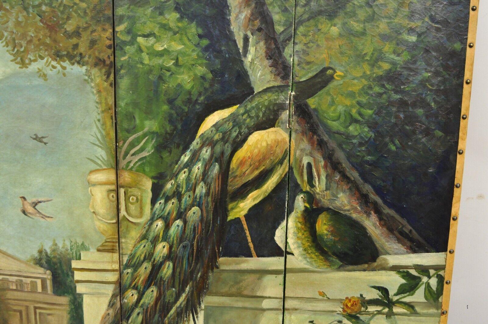 Oiled Venetian Hand Painted Oil on Canvas 4 Section Peacock Bird Screen Room Divider For Sale