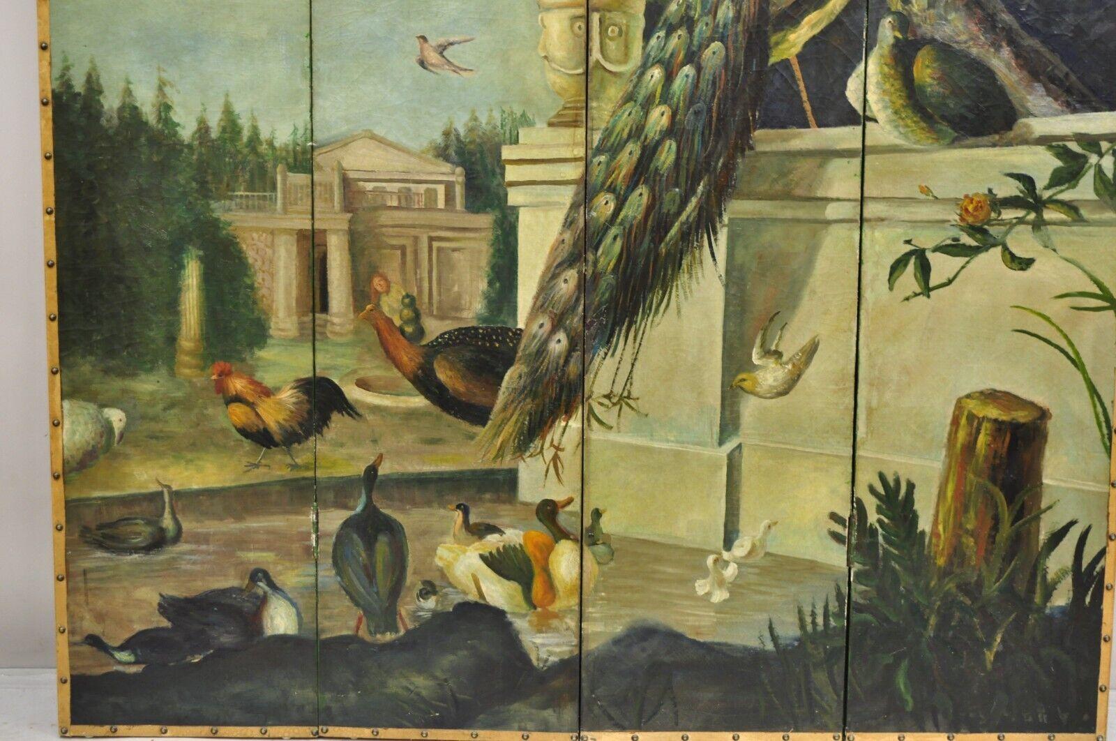 Venezianische Hand gemalt Öl auf Leinwand 4 Abschnitt Peacock Vogel Bildschirm Raumteiler im Zustand „Gut“ im Angebot in Philadelphia, PA