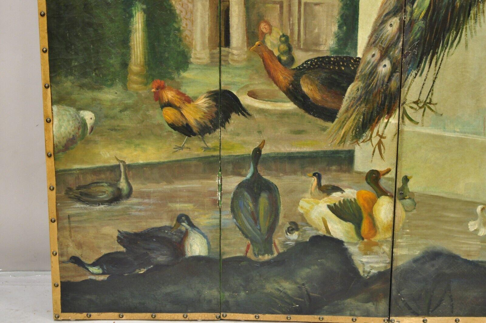 Early 20th Century Venetian Hand Painted Oil on Canvas 4 Section Peacock Bird Screen Room Divider