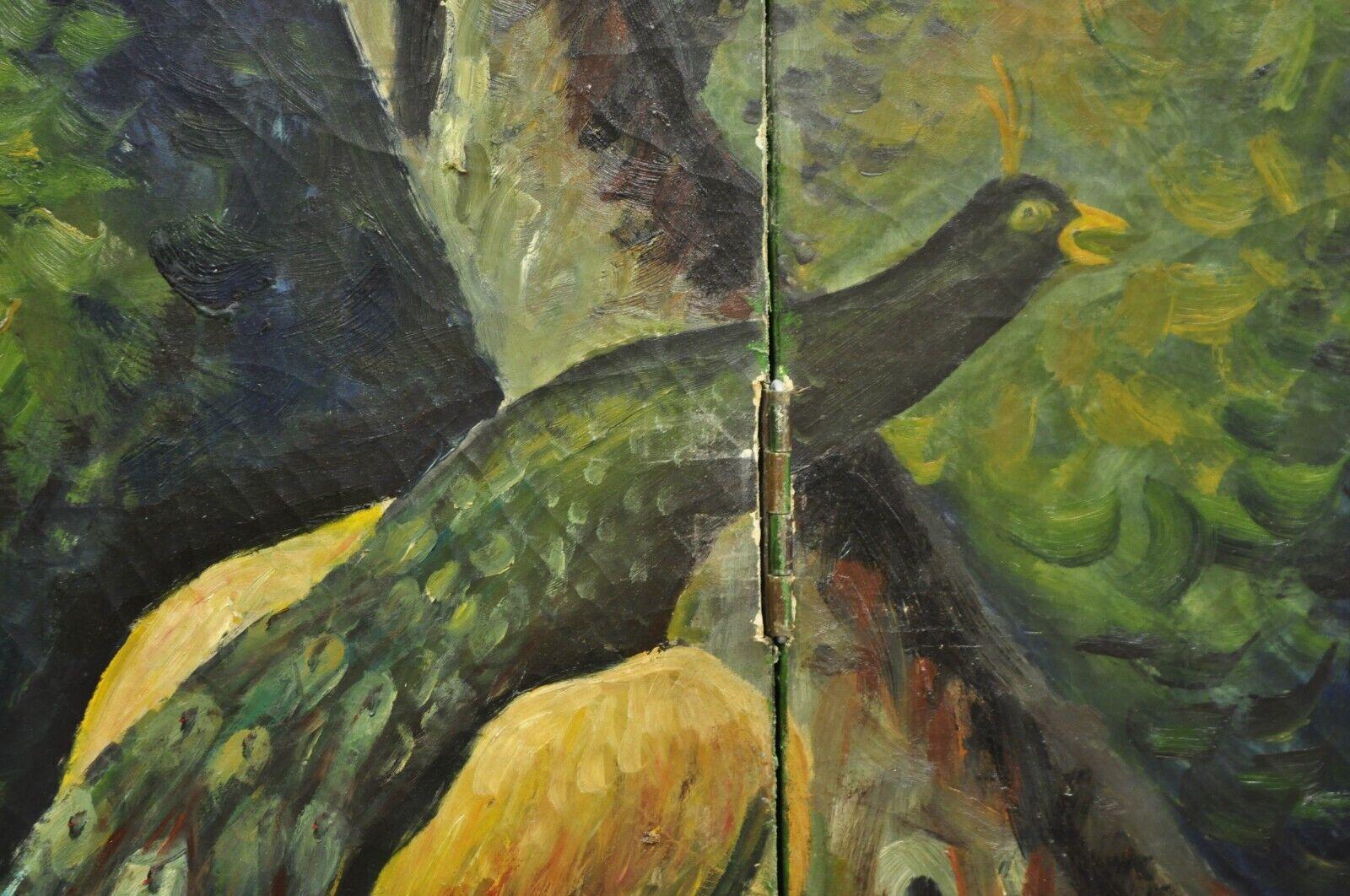Toile Écran vénitien peint à la main sur toile 4 sections paon oiseau en vente