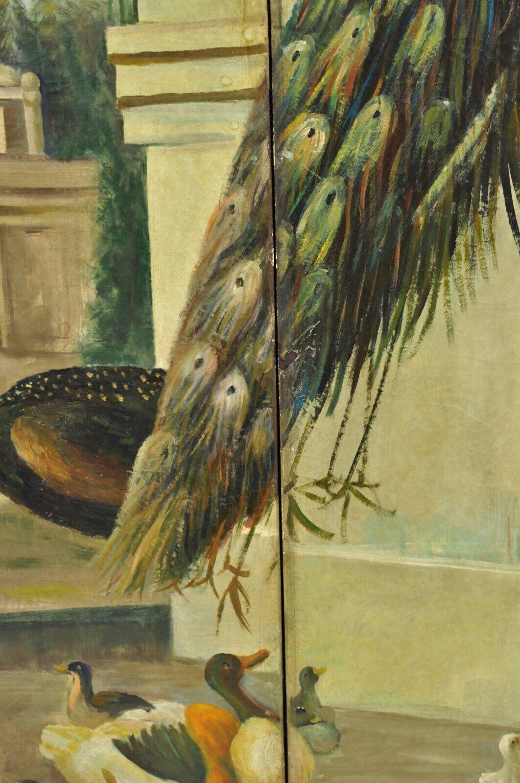 Écran vénitien peint à la main sur toile 4 sections paon oiseau en vente 1