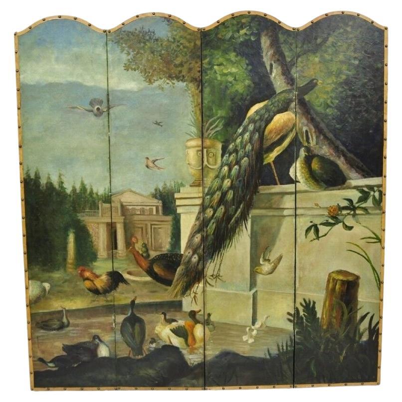 Venetian Hand Painted Oil on Canvas 4 Section Peacock Bird Screen Room Divider