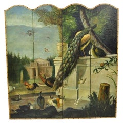 Écran vénitien peint à la main sur toile 4 sections paon oiseau