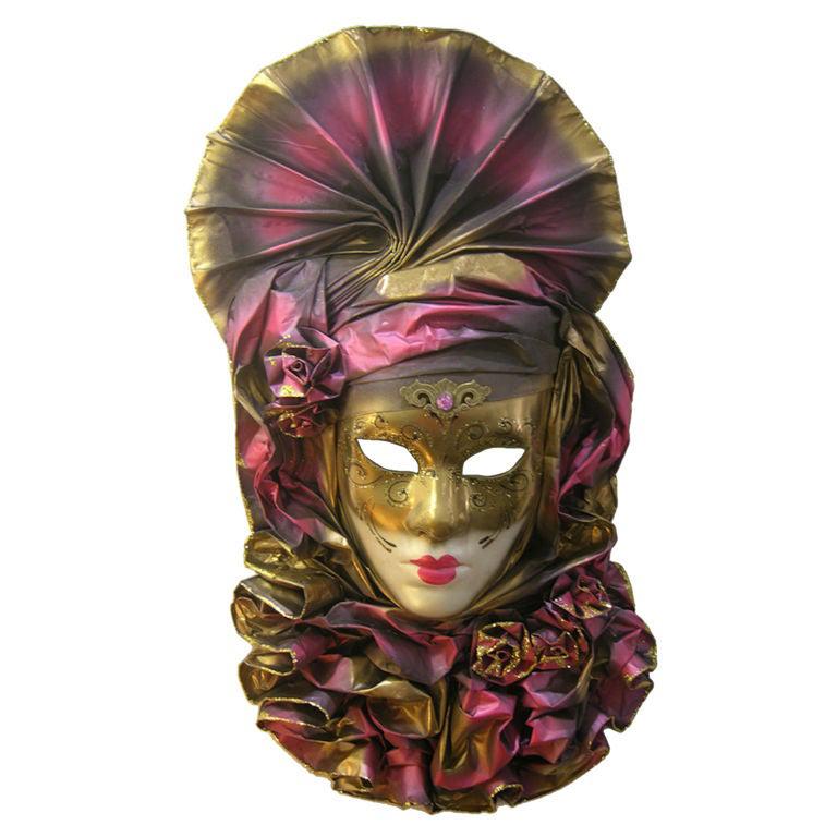 Venetian Handmade Gold and Rose Pink Mask with Flower Pleated Jabot