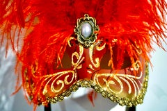 Venetian Handmade Red Carnival Masks with Feathers and Gold Detail