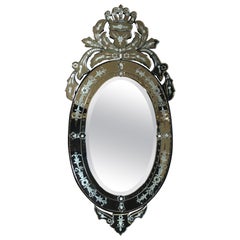 Venetian Hollywood Regency Style Oval Wall Mirror with Etched Floral Motif Italy