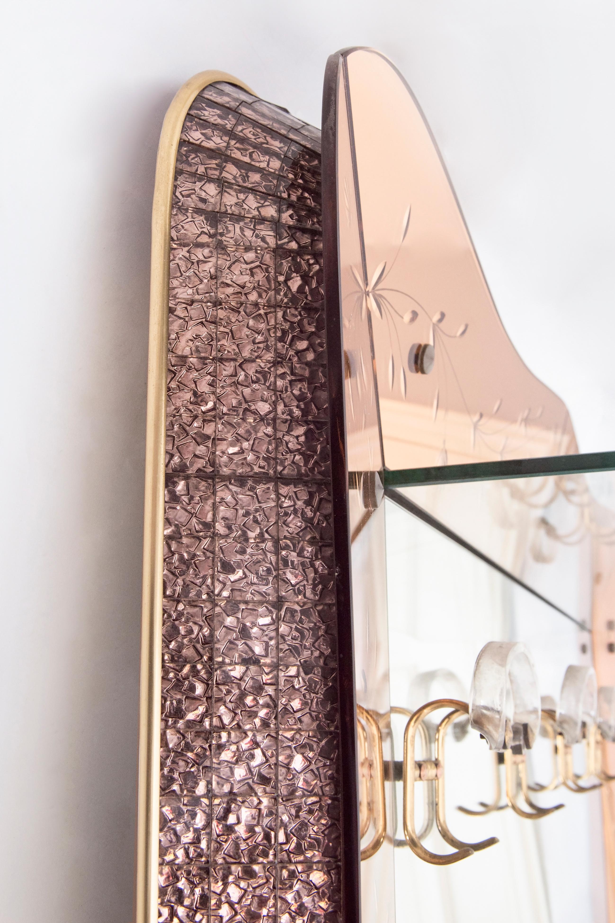 Venetian Huge Rose Art Deco Wall Mirror and Coat Hanger For Sale 4