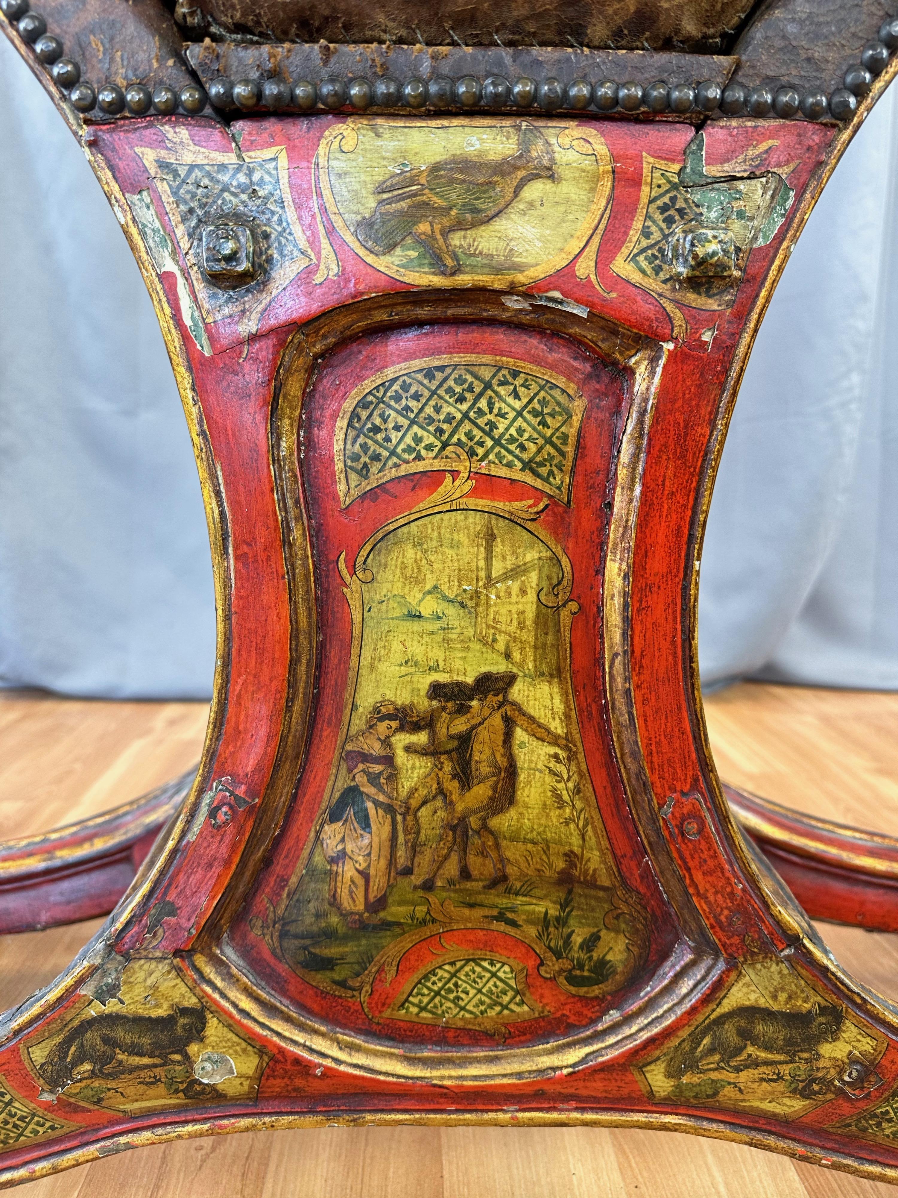 Venetian Illustrated, Polychrome, Gilt, and Leather Gondola Chair, c. 1820 For Sale 2