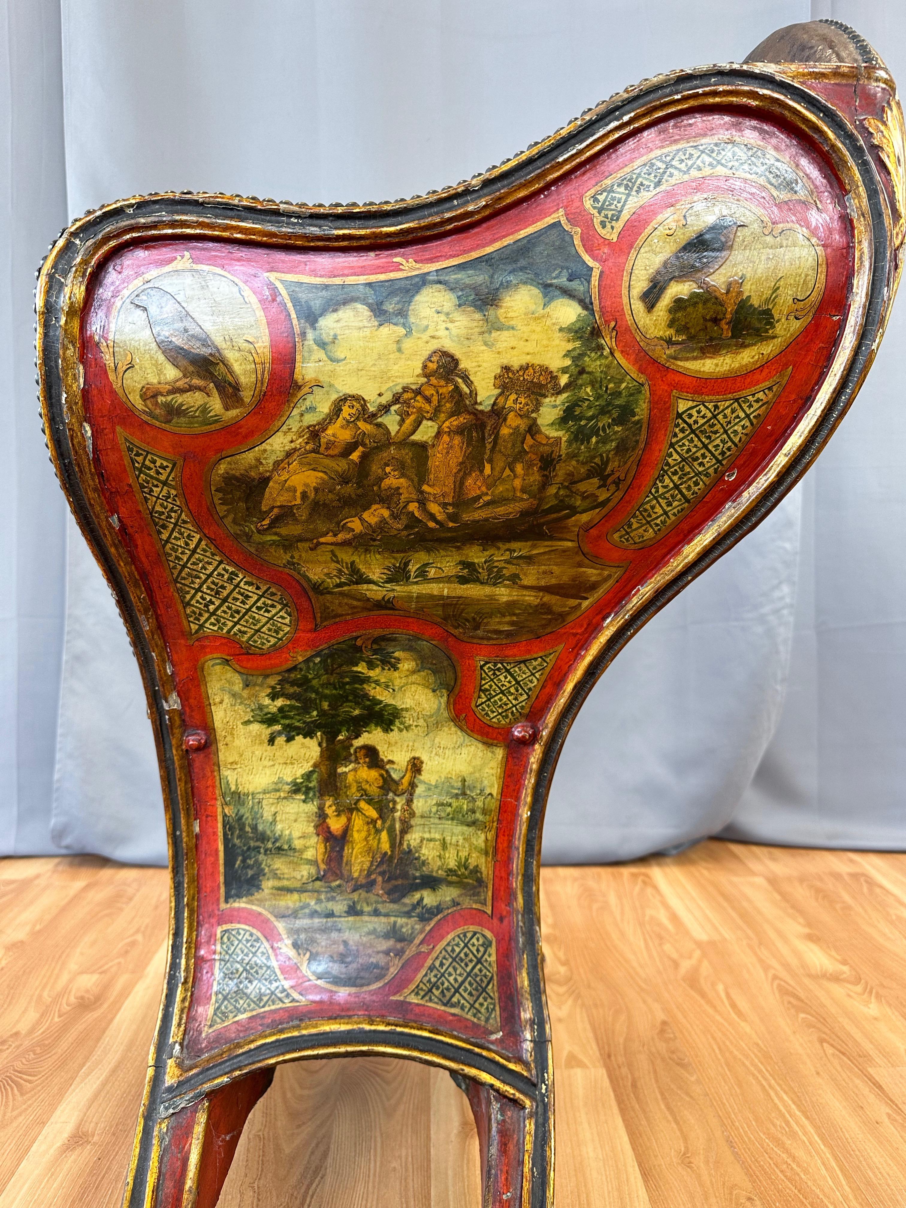 Venetian Illustrated, Polychrome, Gilt, and Leather Gondola Chair, c. 1820 For Sale 4