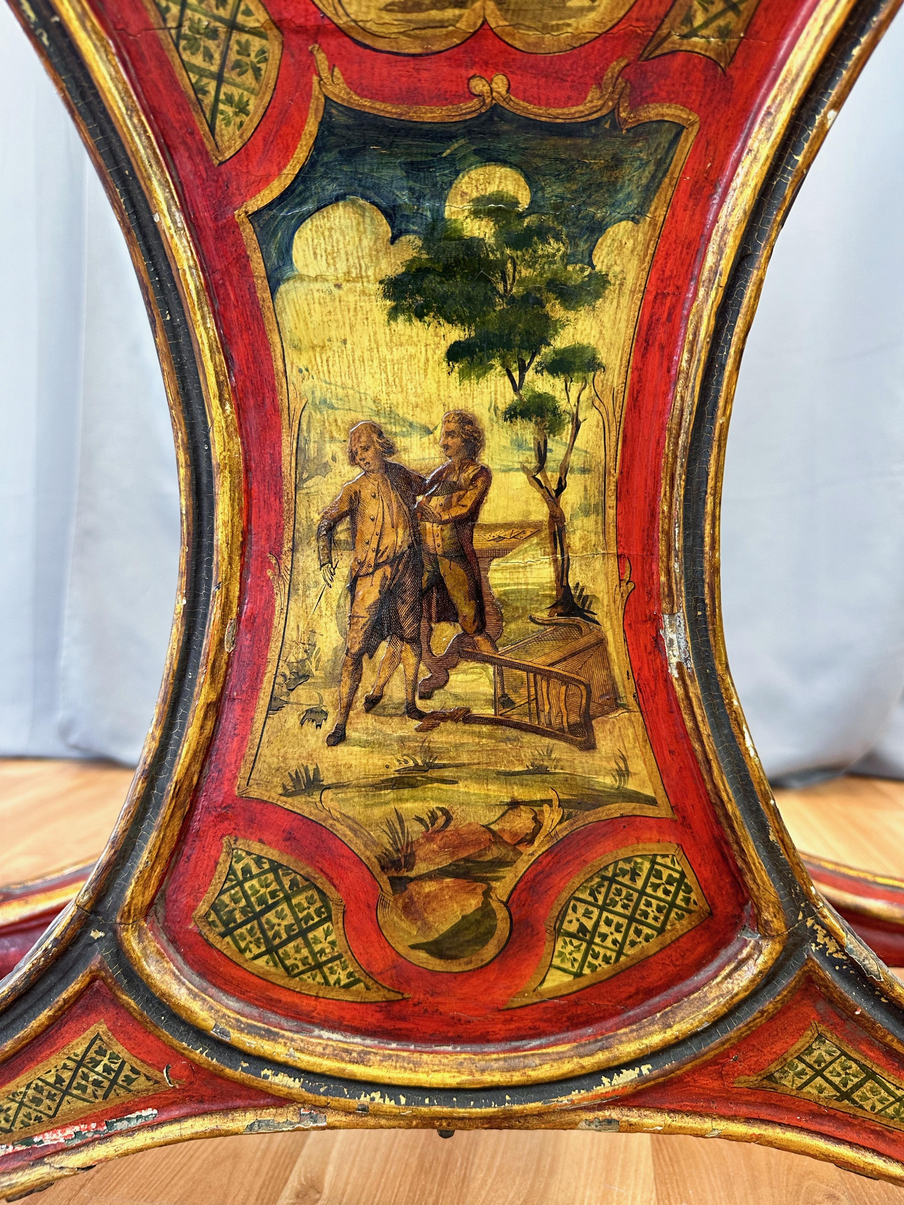 Venetian Illustrated, Polychrome, Gilt, and Leather Gondola Chair, c. 1820 For Sale 5