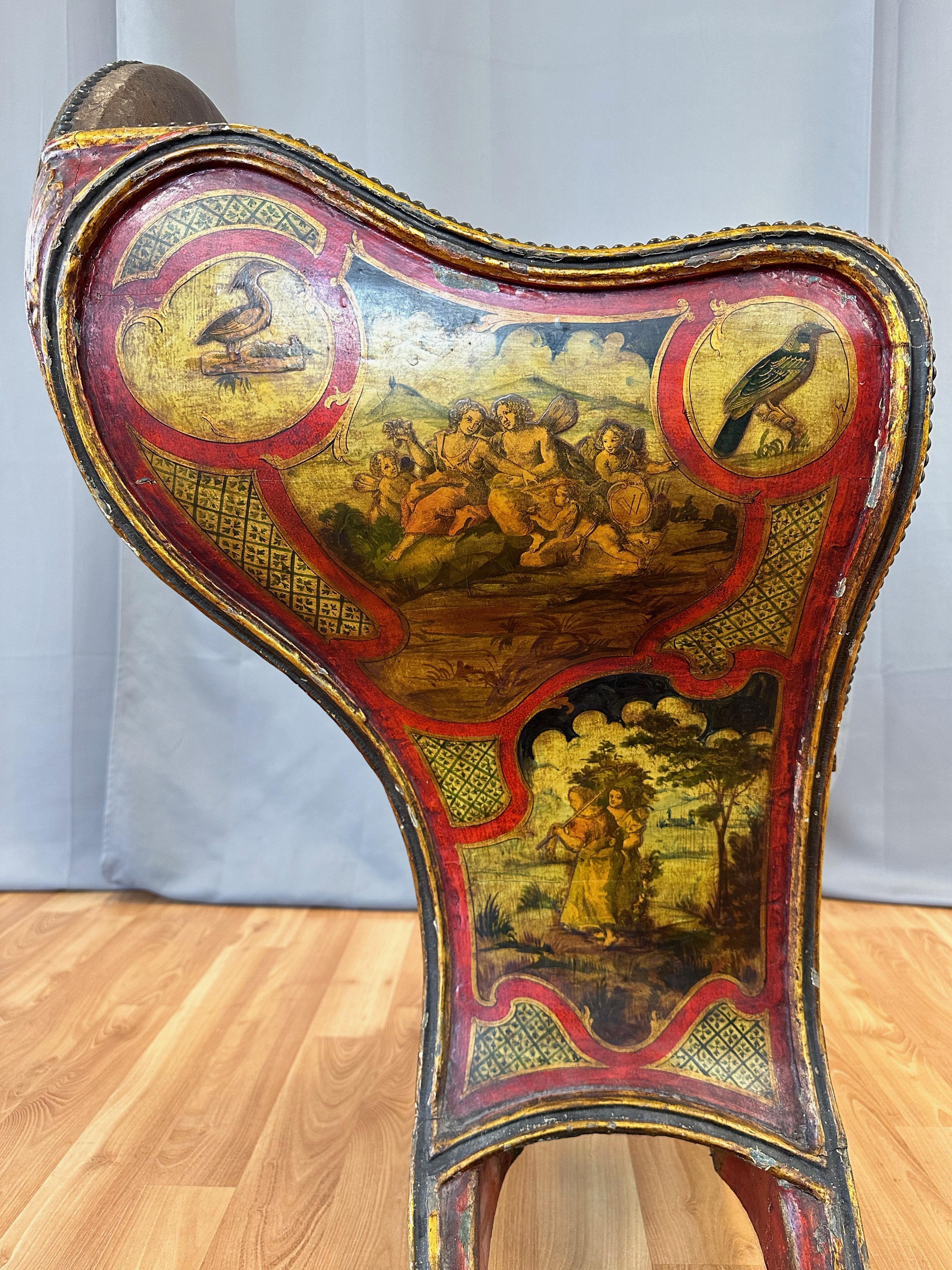 Venetian Illustrated, Polychrome, Gilt, and Leather Gondola Chair, c. 1820 For Sale 8