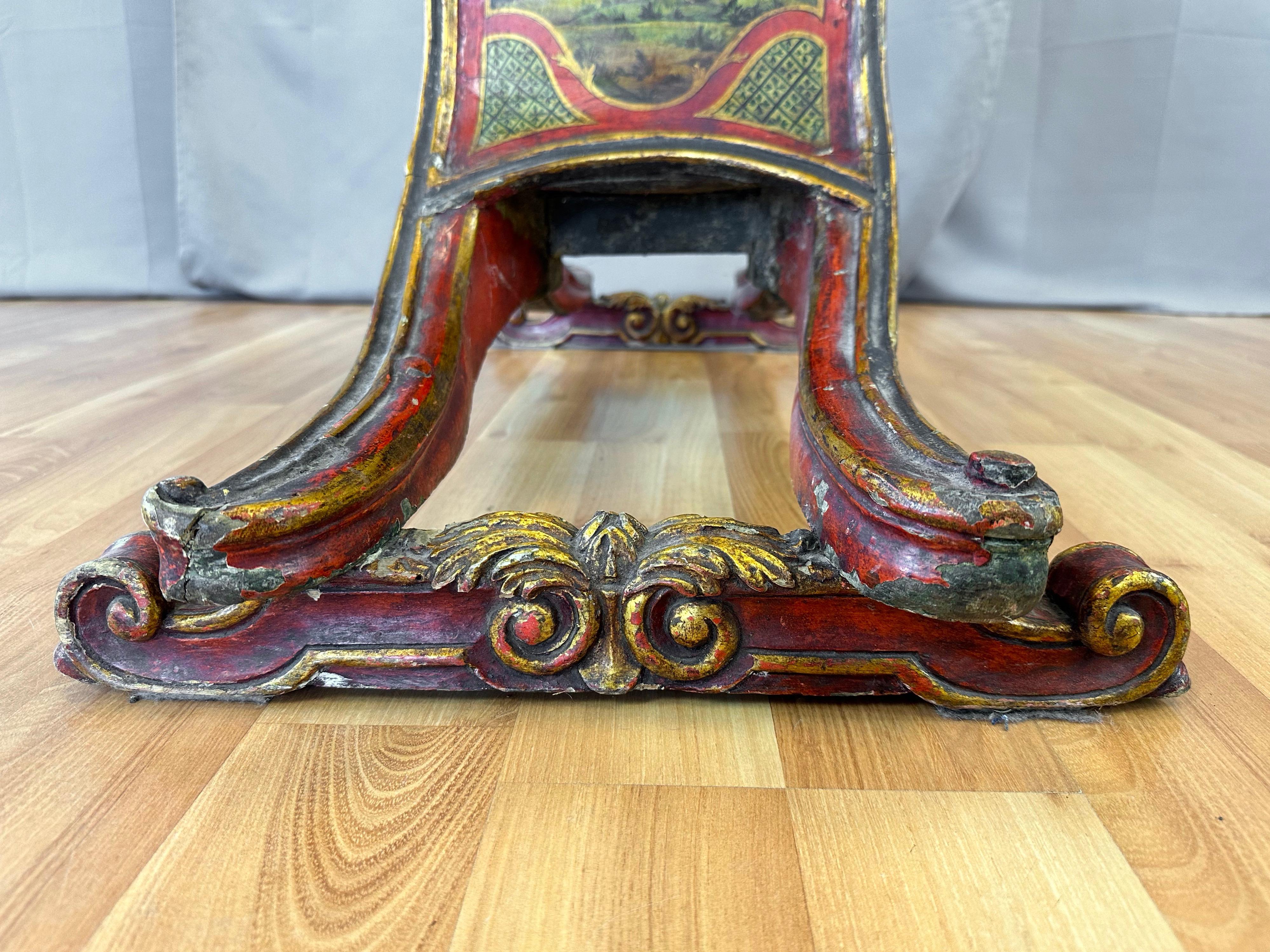 Venetian Illustrated, Polychrome, Gilt, and Leather Gondola Chair, c. 1820 For Sale 9