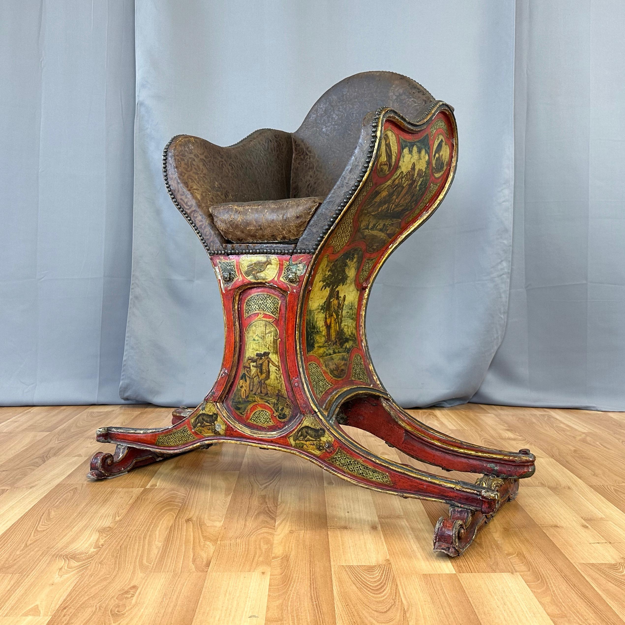 Rococo Revival Venetian Illustrated, Polychrome, Gilt, and Leather Gondola Chair, c. 1820 For Sale