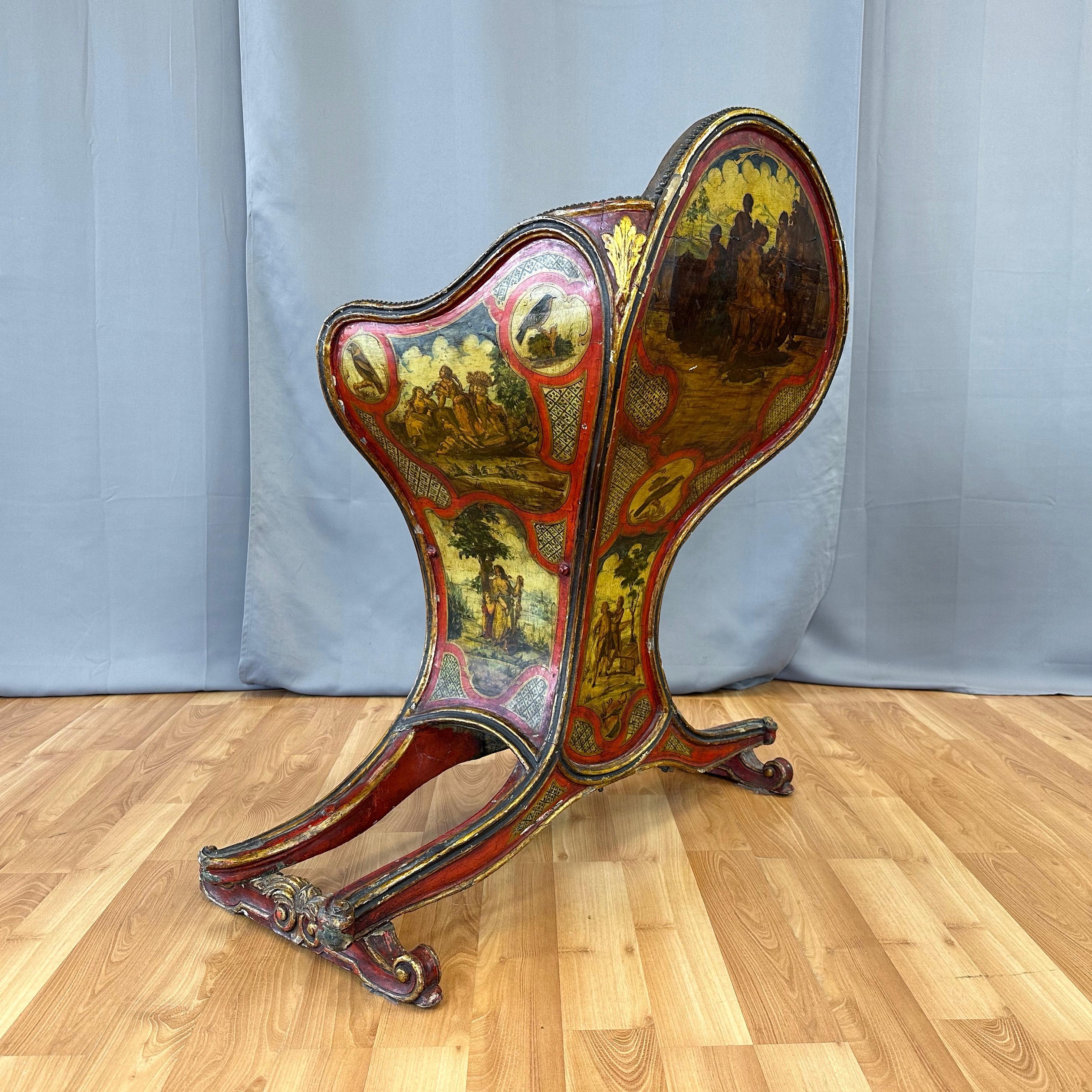 Hand-Carved Venetian Illustrated, Polychrome, Gilt, and Leather Gondola Chair, c. 1820 For Sale