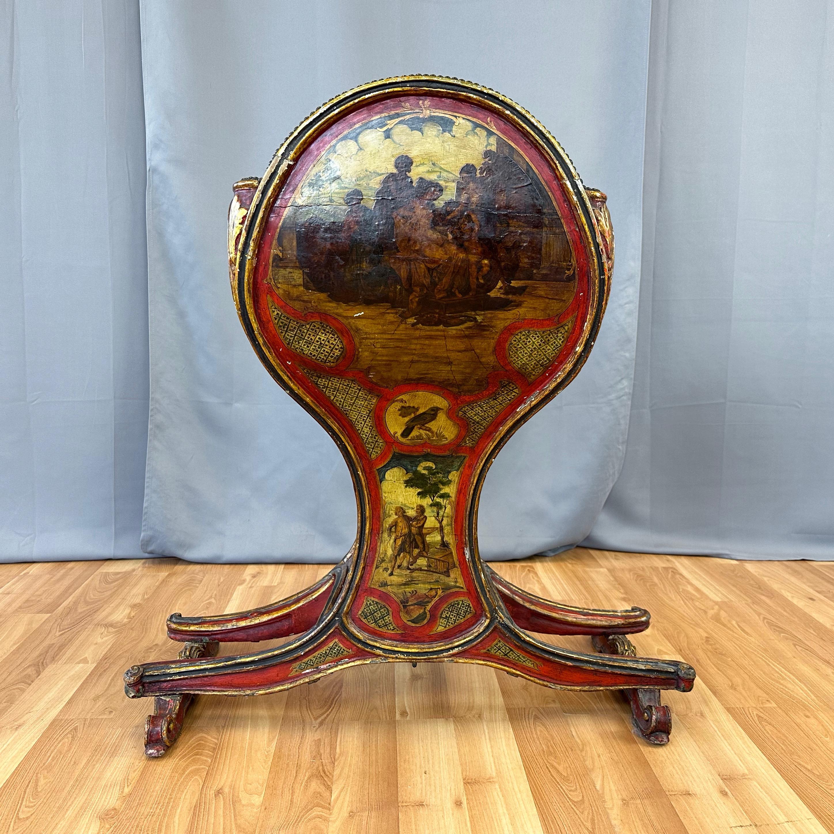 Venetian Illustrated, Polychrome, Gilt, and Leather Gondola Chair, c. 1820 In Good Condition For Sale In San Francisco, CA