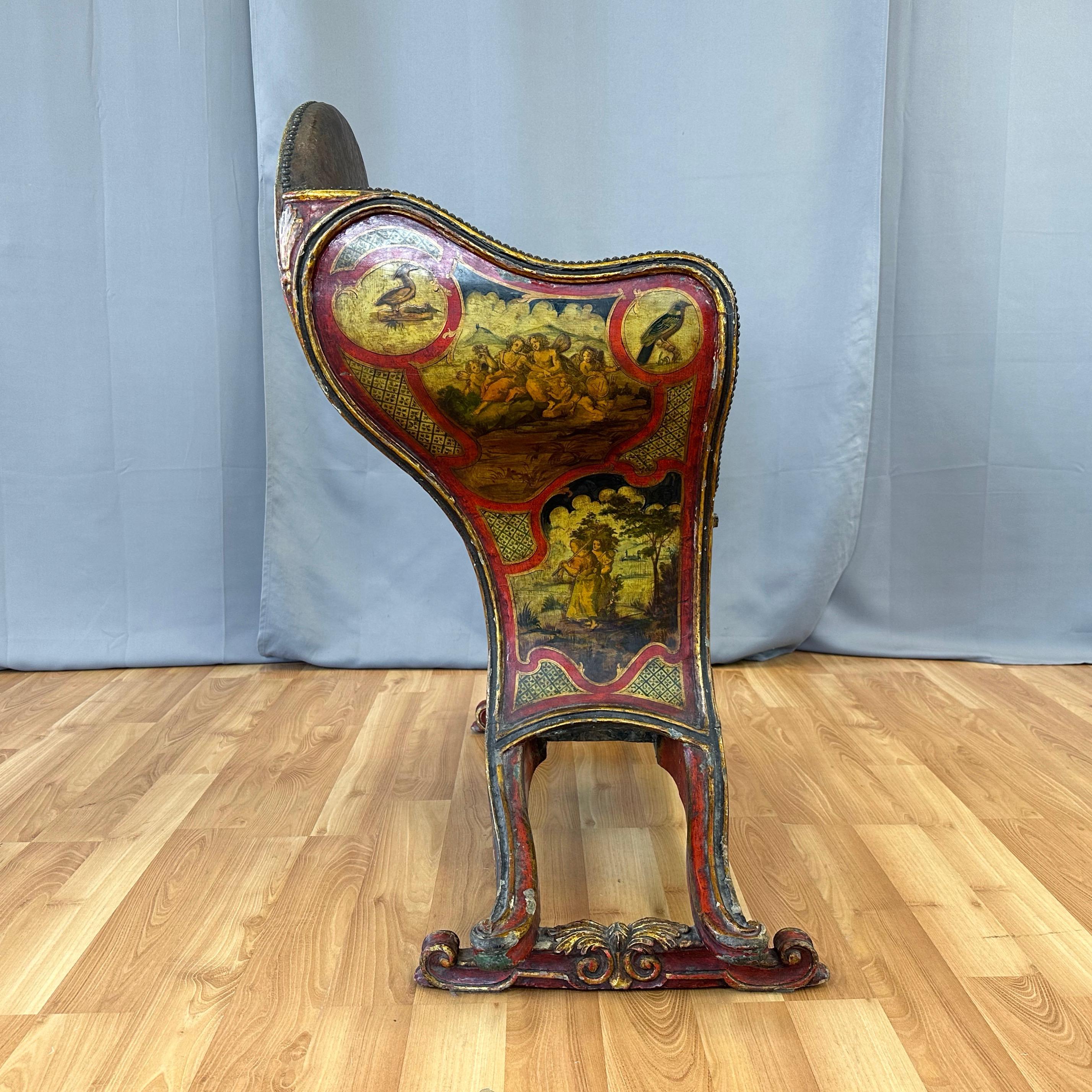 Brass Venetian Illustrated, Polychrome, Gilt, and Leather Gondola Chair, c. 1820 For Sale
