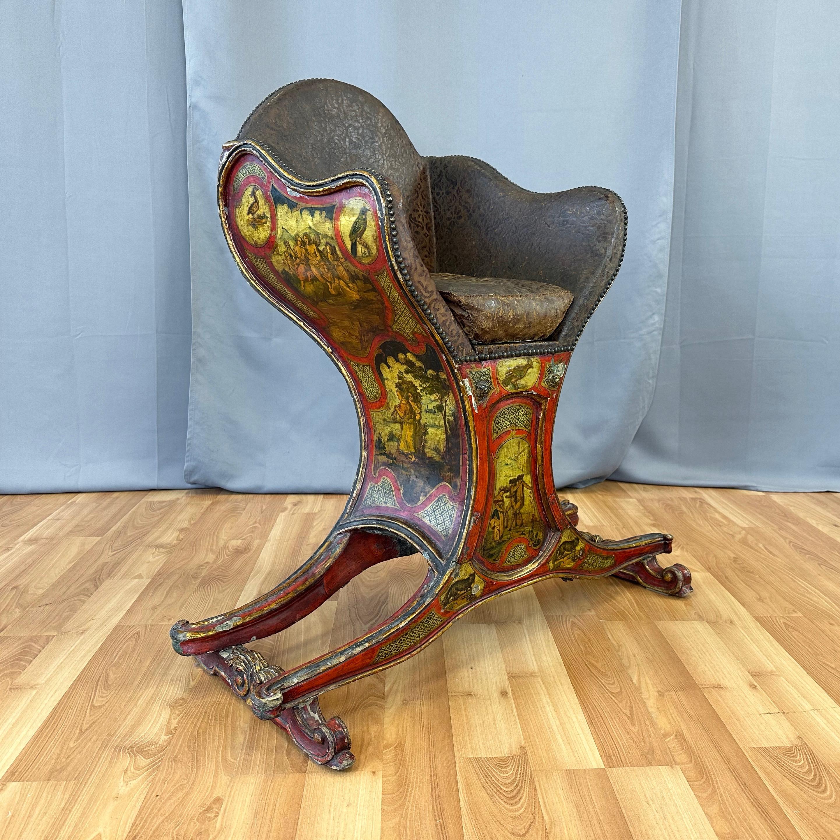 Venetian Illustrated, Polychrome, Gilt, and Leather Gondola Chair, c. 1820 For Sale 1