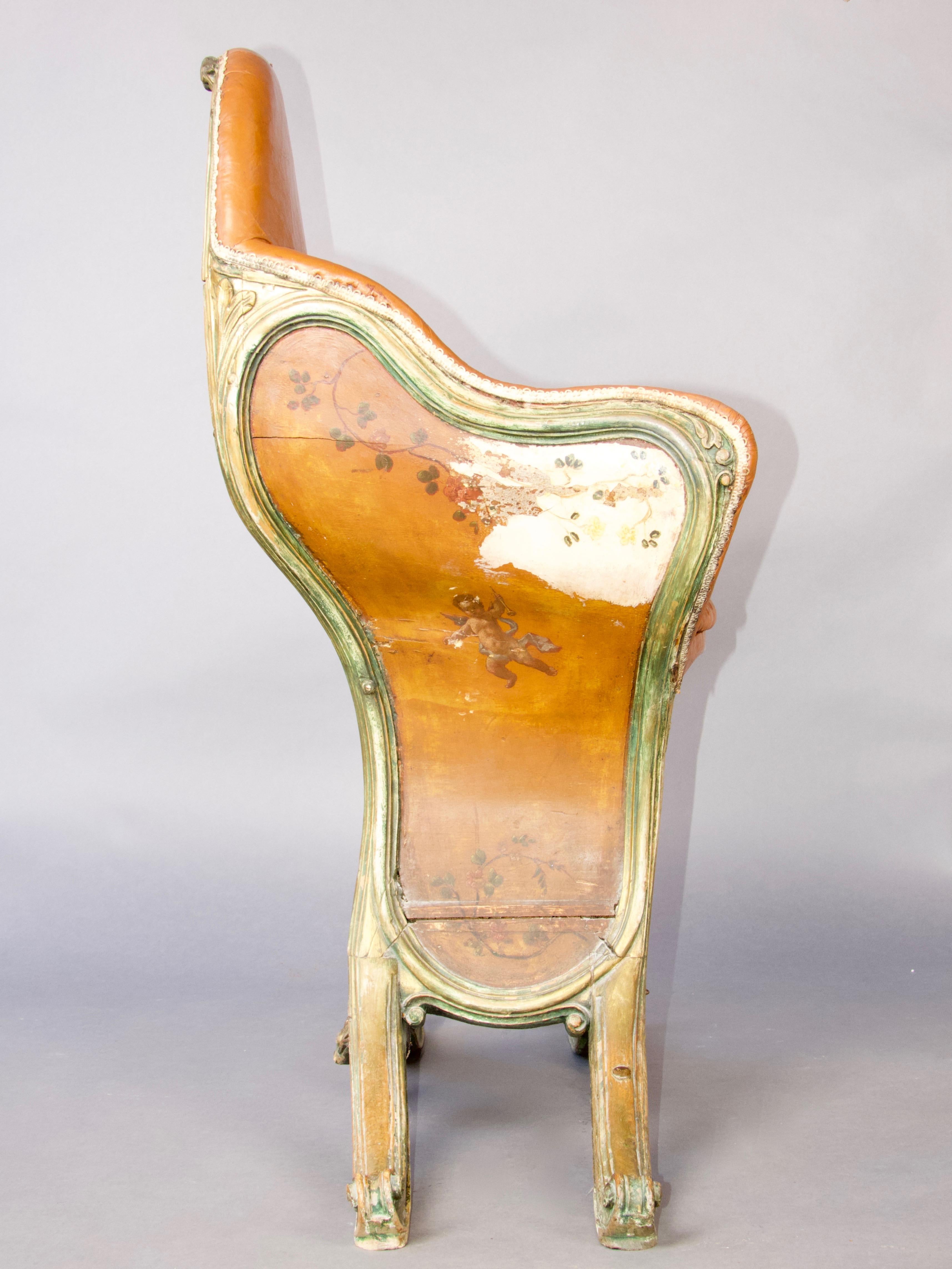 Illustré vénitien, polychrome, bois et  Chaise Gondole en cuir en vente 4