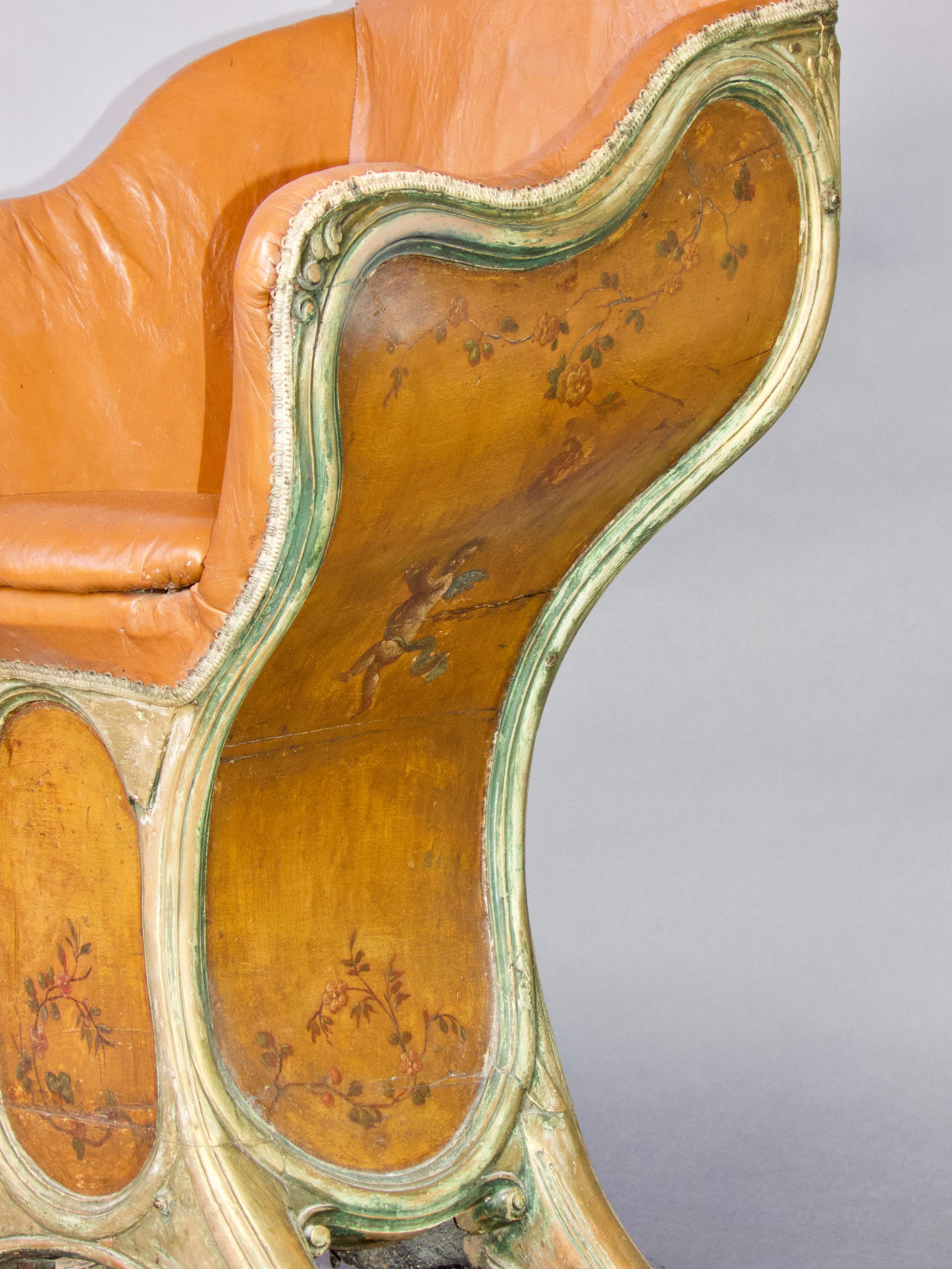 Illustré vénitien, polychrome, bois et  Chaise Gondole en cuir en vente 12