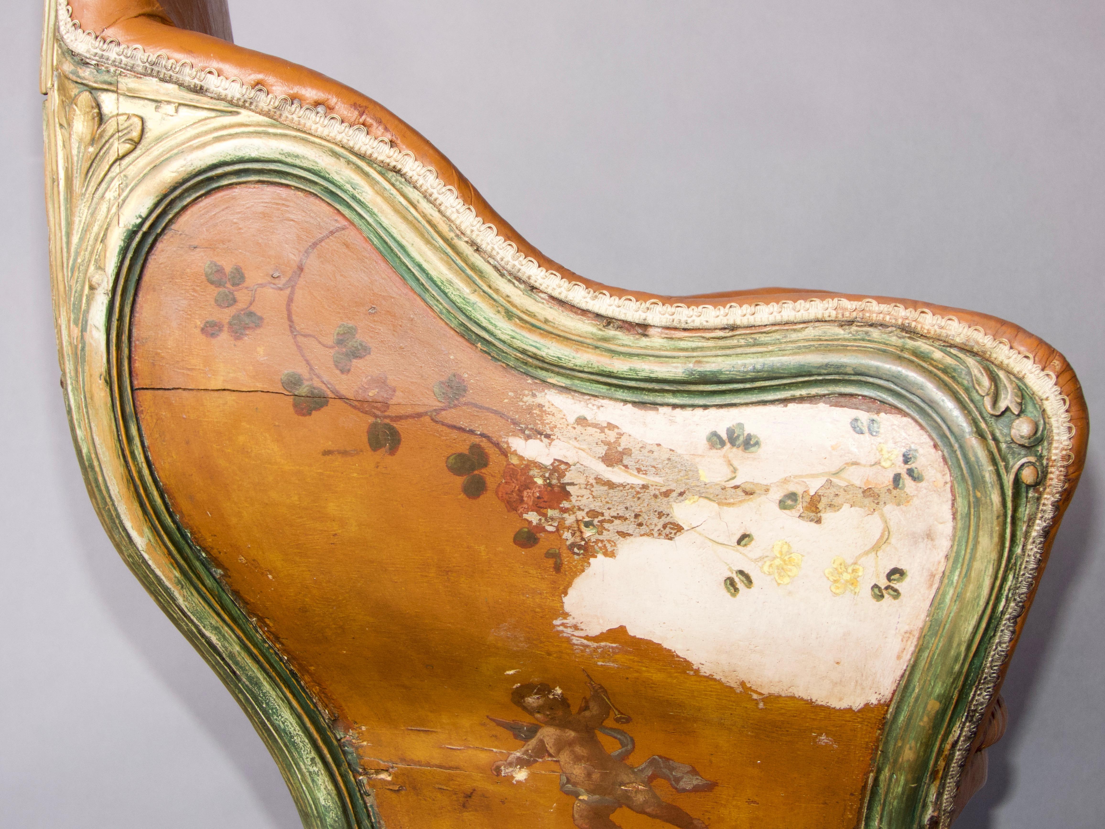 XIXe siècle Illustré vénitien, polychrome, bois et  Chaise Gondole en cuir en vente