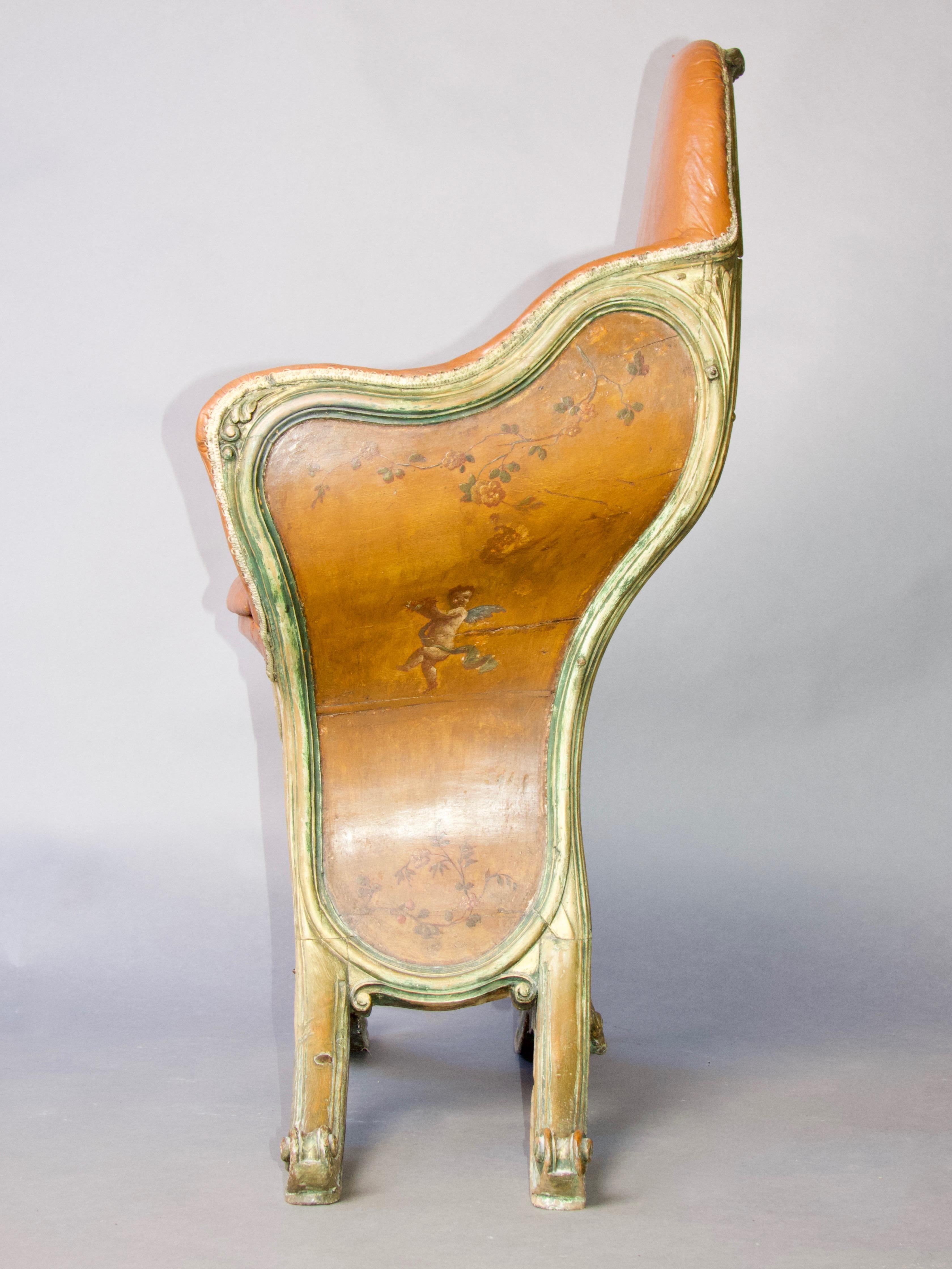 Illustré vénitien, polychrome, bois et  Chaise Gondole en cuir en vente 2