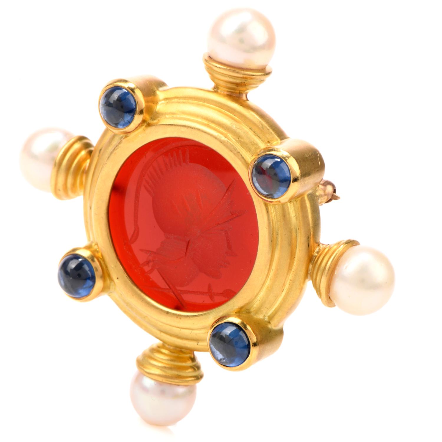 A beautifully carved Intaglio of Venetian glass in 18k satin finish yellow gold with four 8mm saltwater Akoya pearl and four cabochon genuine sapphire weighing approx. 2.00 carats total. The 18 karat brooch measures 2 inches  by 2 inches . This