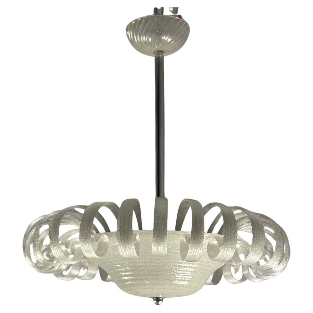 Lampadario veneziano in vetro di Murano bianco iridescente, circa 1930