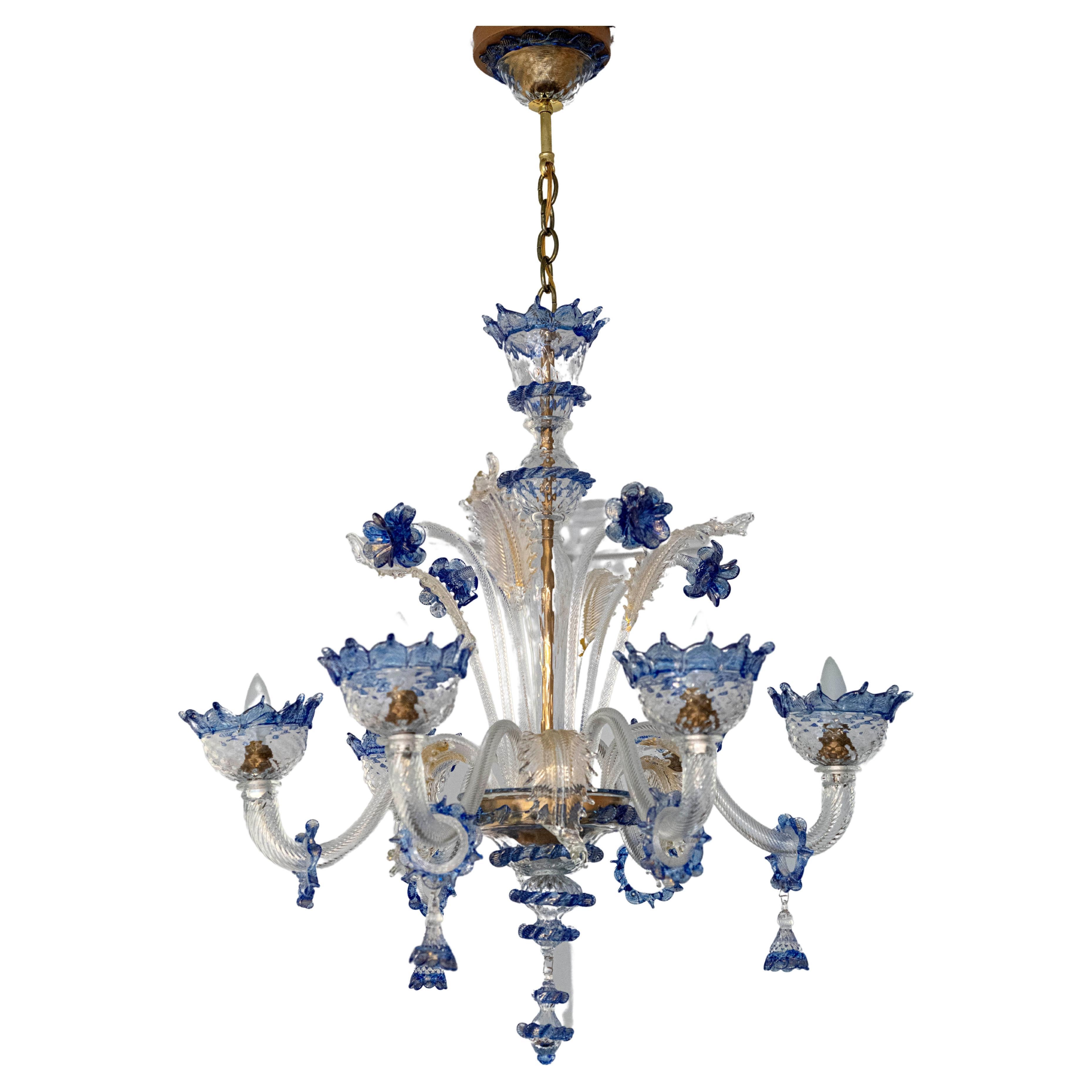 Wonderful vintage 6 light Murano chandelier. The chandelier is large at 31 inches in diameter. Beautifully handcrafted in Murano with wonderful textured clear and blue glass with subtle hints of gold. 


 
