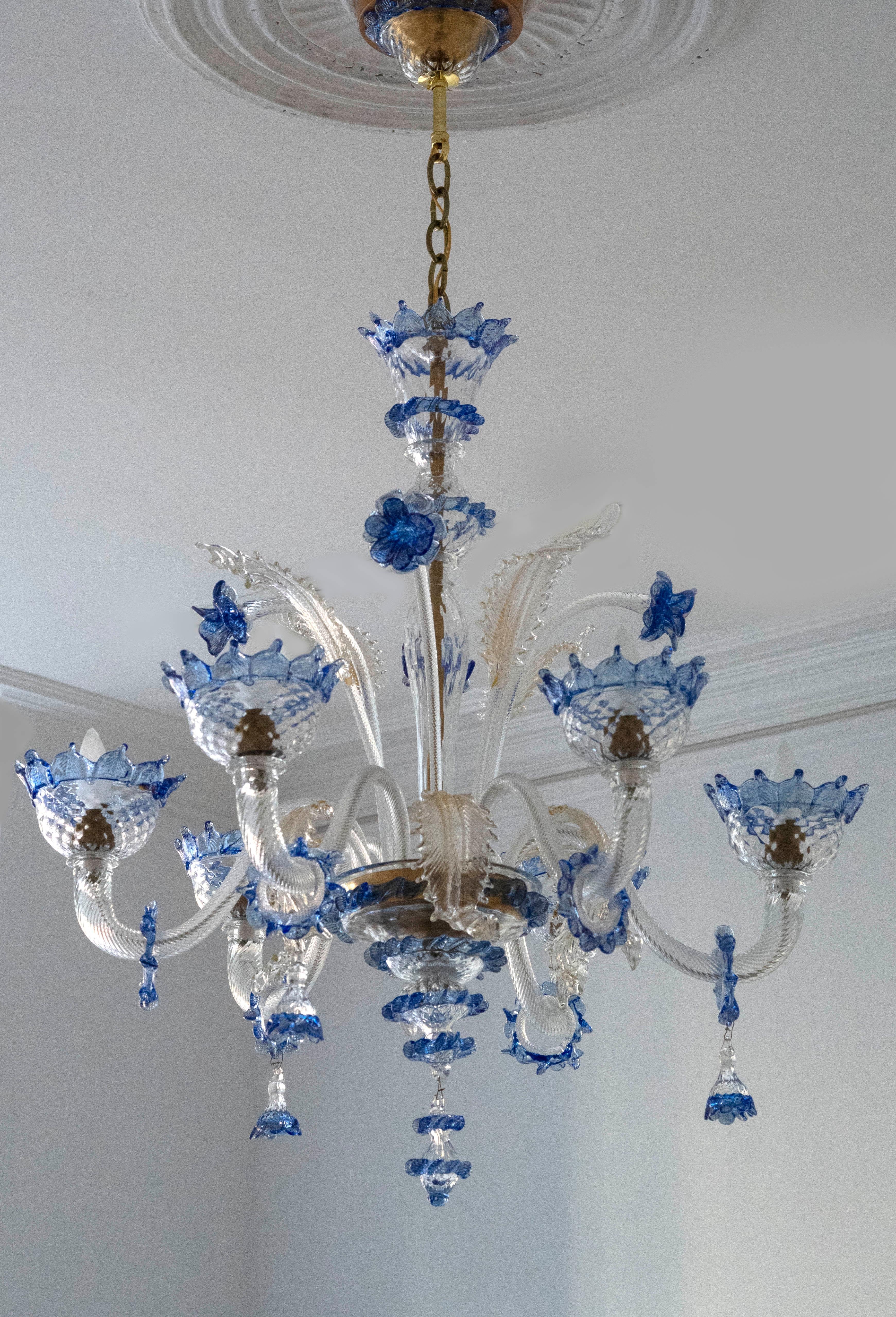 Venetian Italian Chandelier Blue Murano 6 Light Vintage In Good Condition In Washington, DC