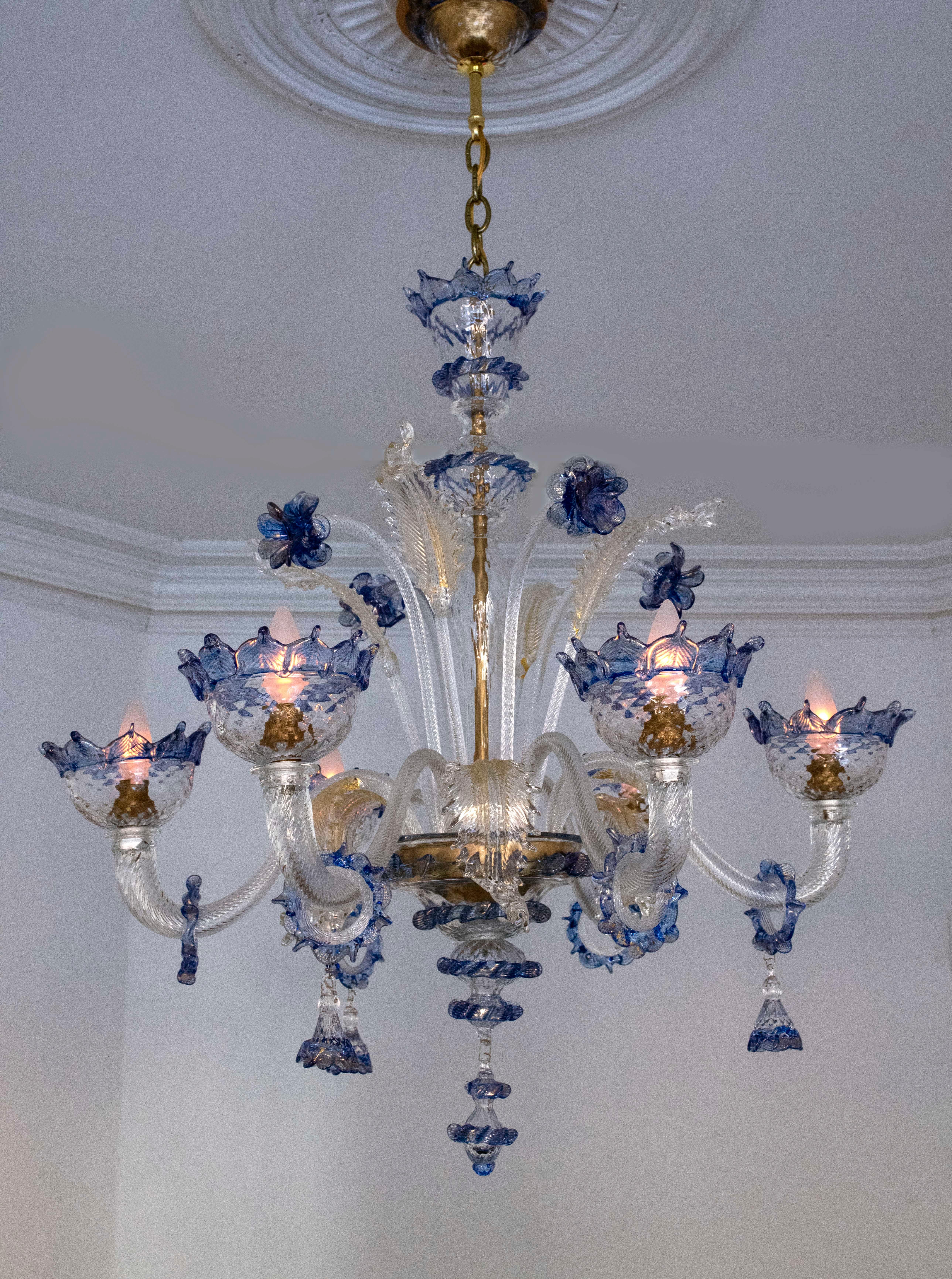 Late 20th Century Venetian Italian Chandelier Blue Murano 6 Light Vintage