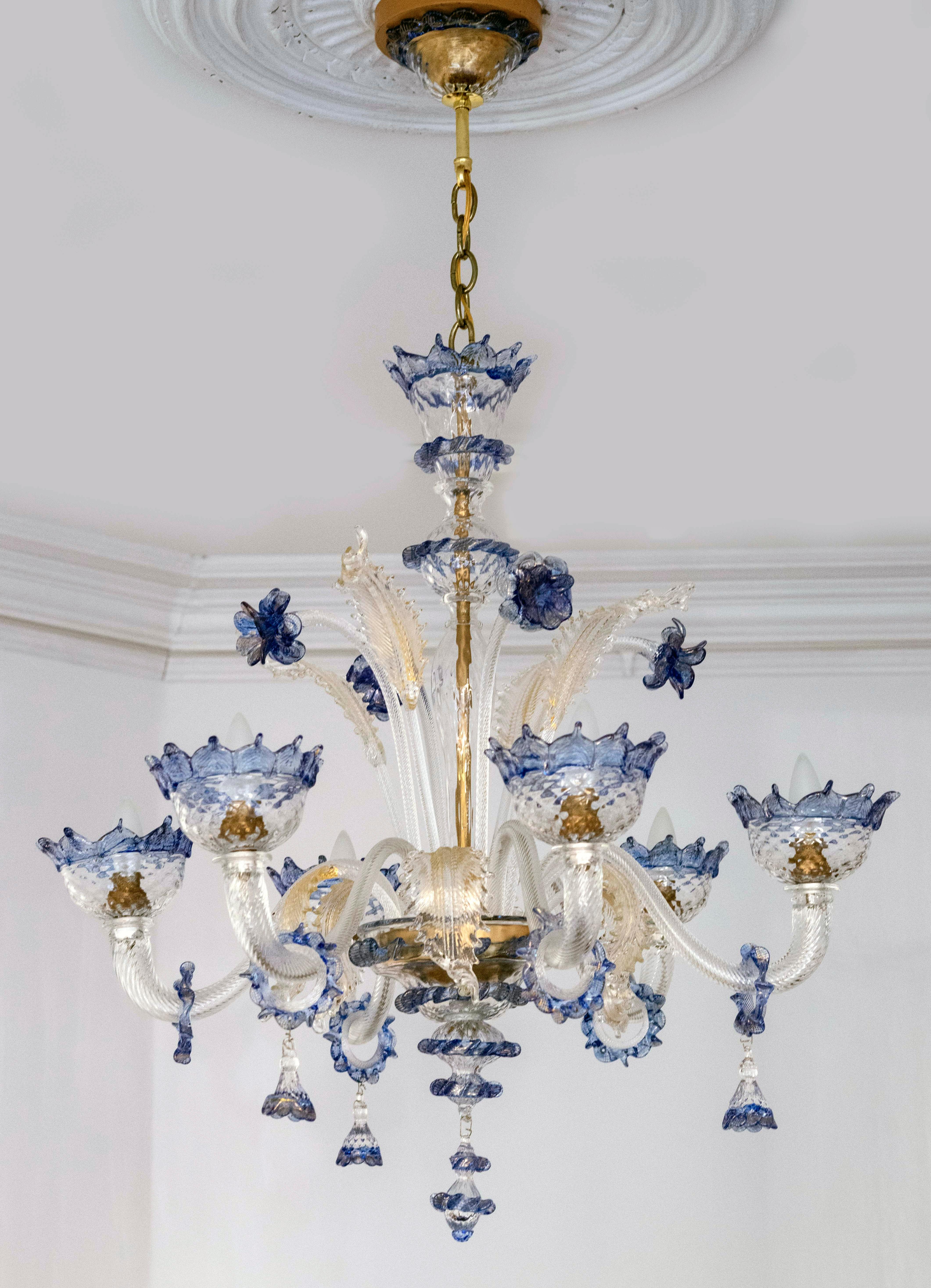 Brass Venetian Italian Chandelier Blue Murano 6 Light Vintage
