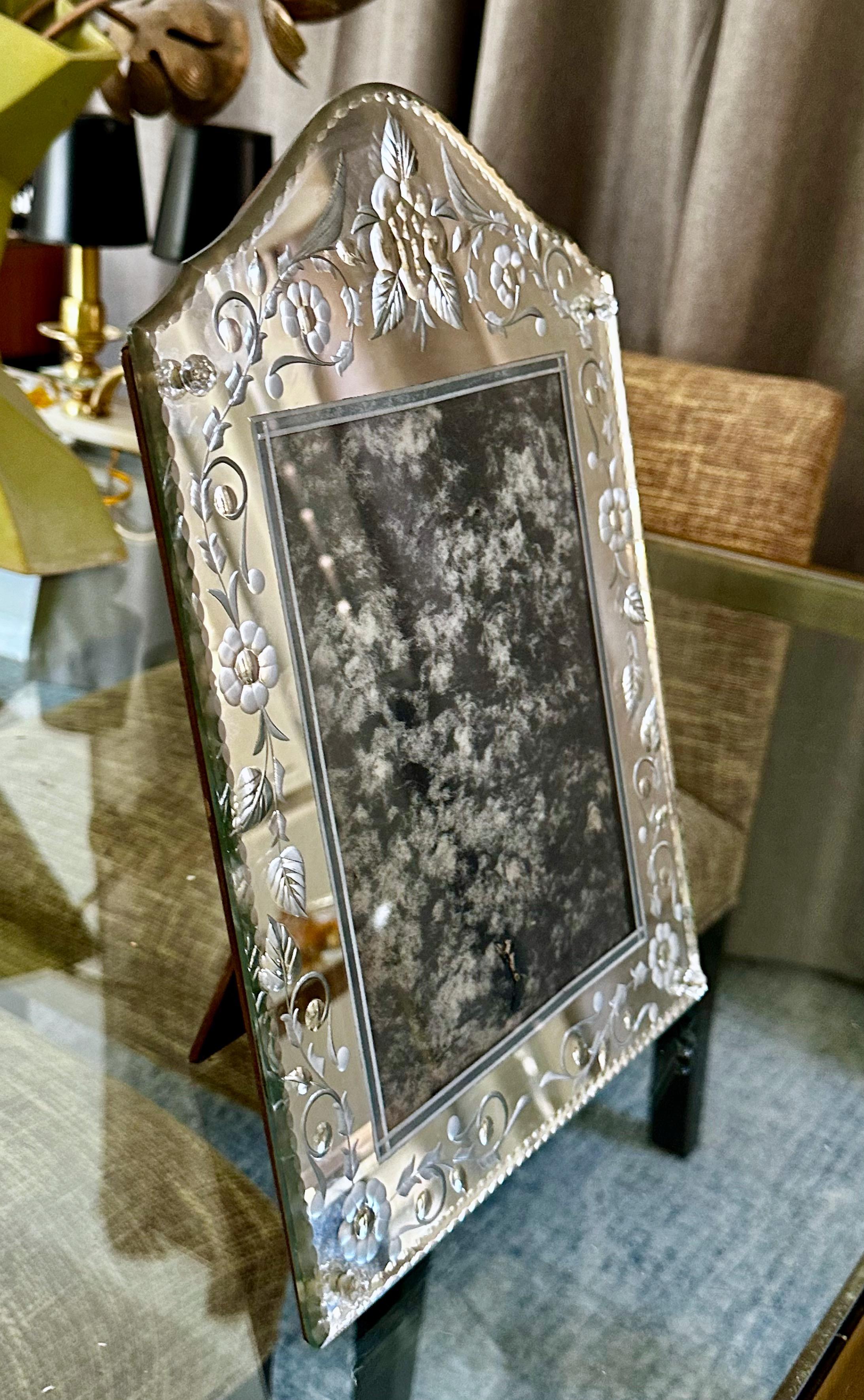 Venetian Italian Etched Mirrored Table Picture Frame For Sale 7