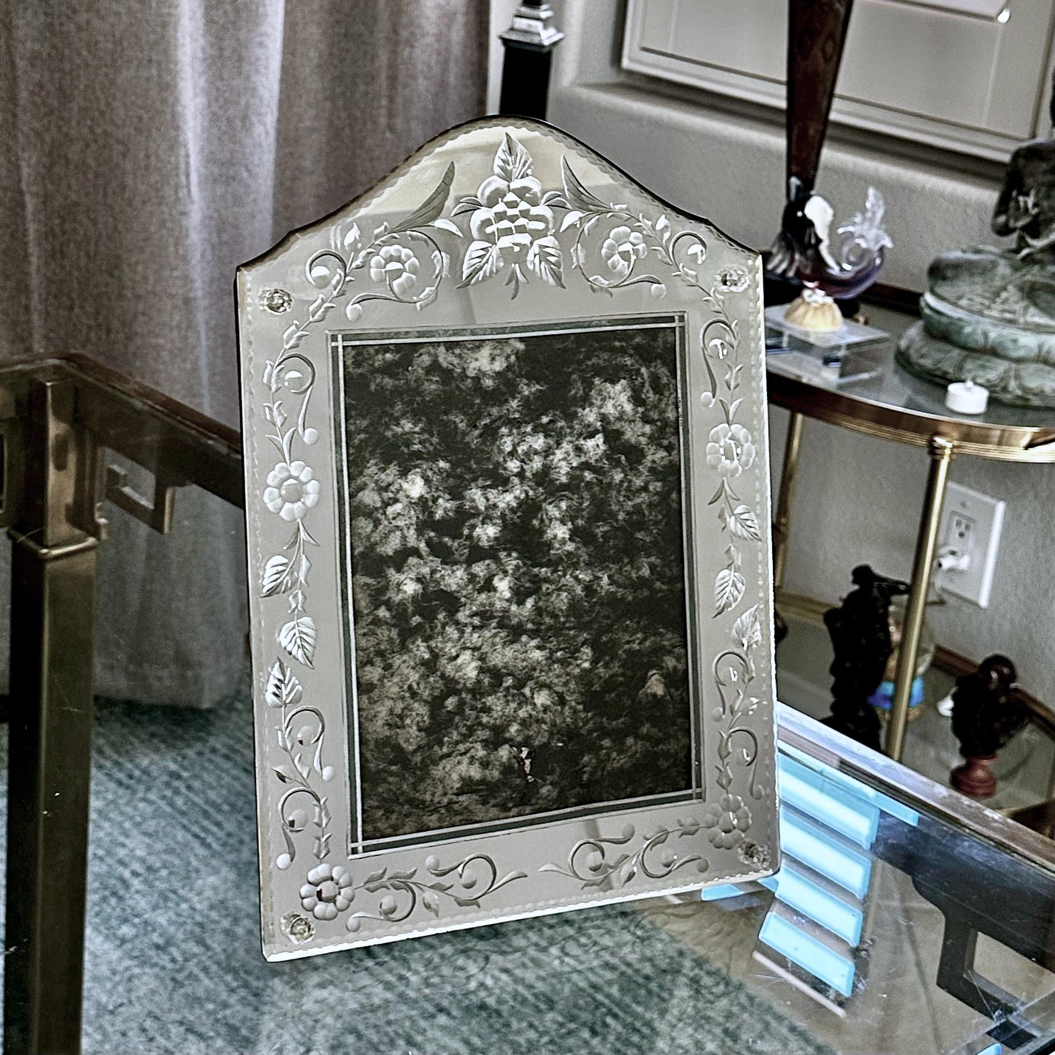 Italian Venetian heavily etched and engraved table picture frame with easel backing. Incredibly etched detailing throughout, the workmanship and design is second to none quite simply put. 