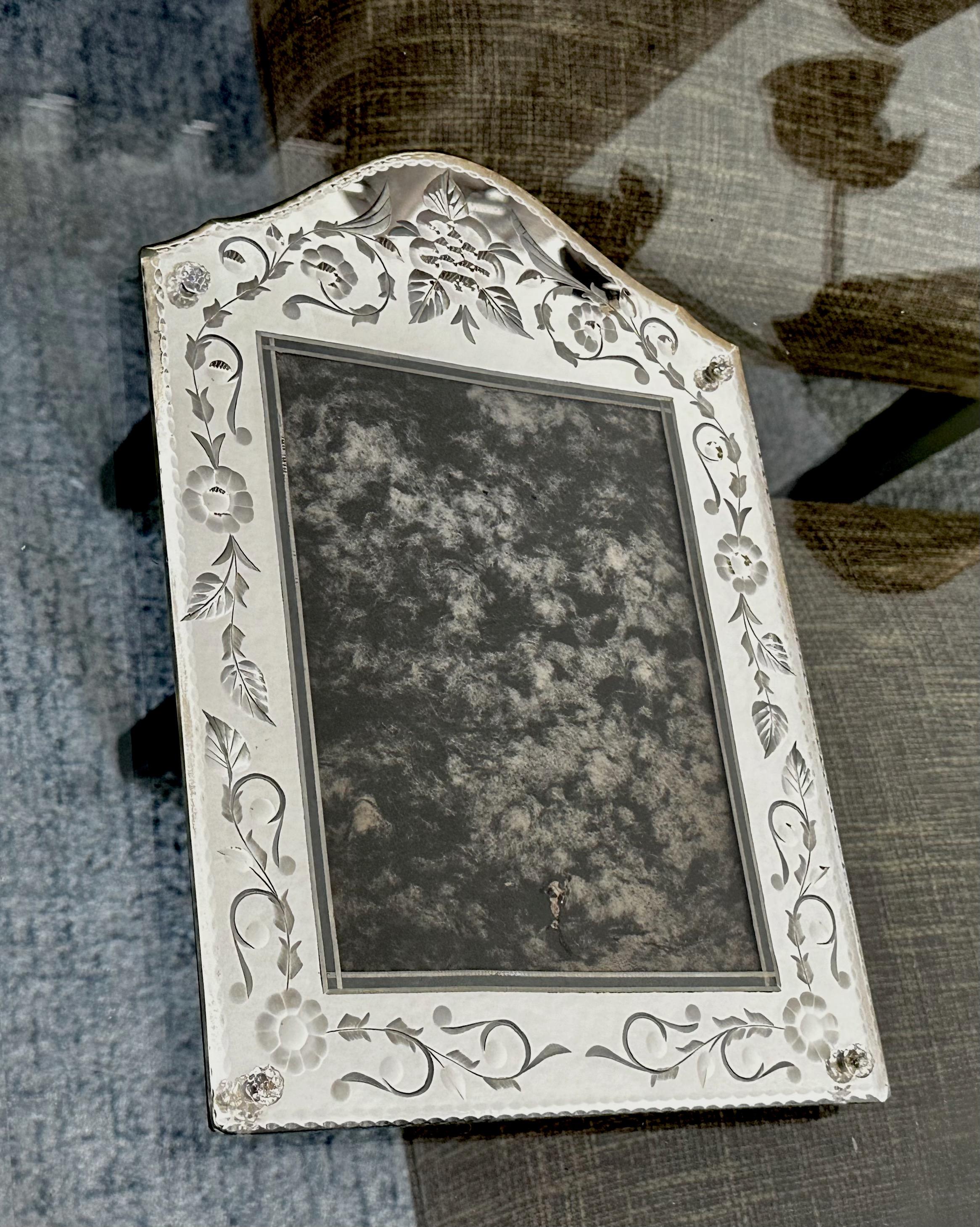 Glass Venetian Italian Etched Mirrored Table Picture Frame For Sale