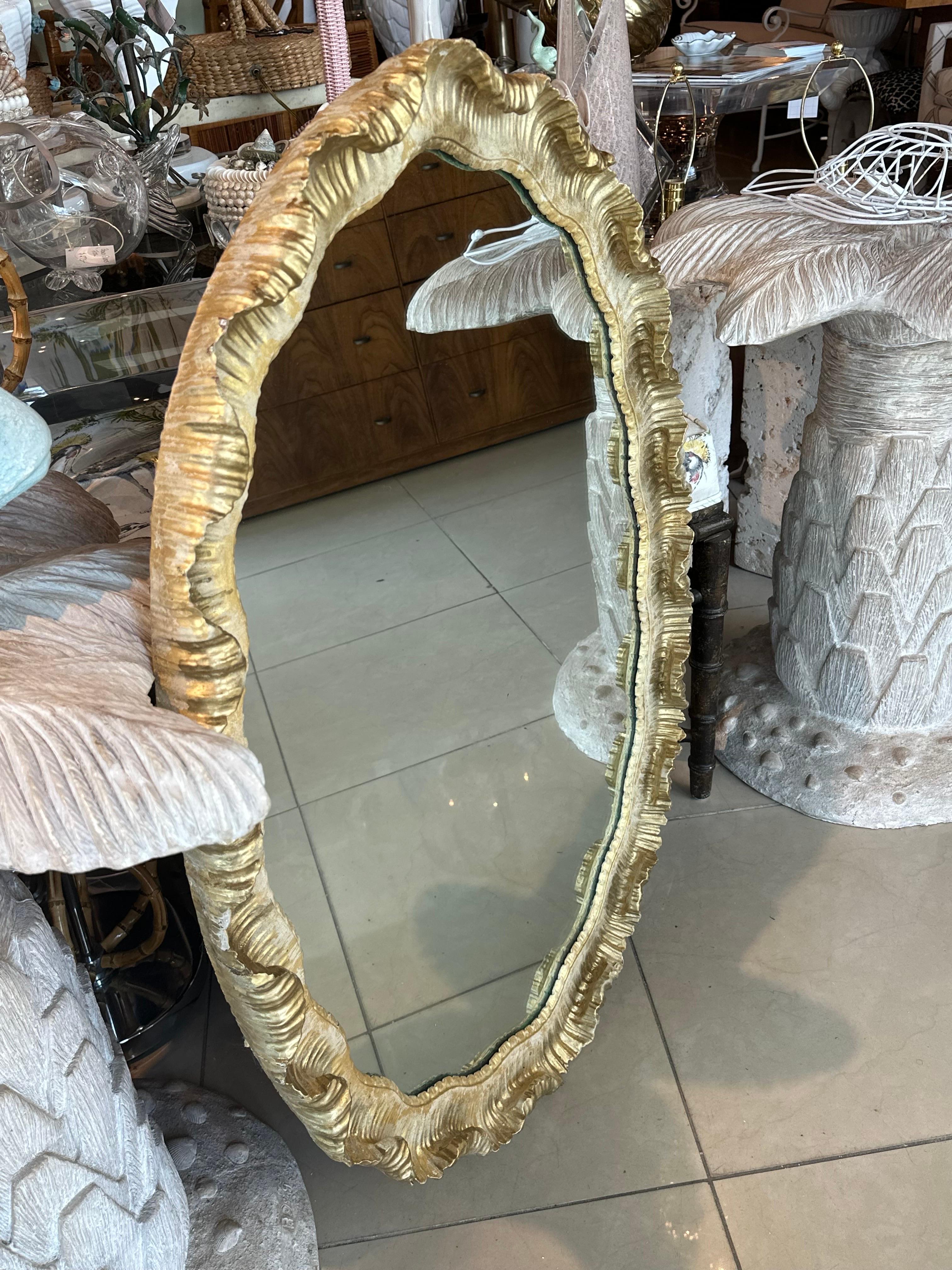 Venetian Italian Gold Gilt Wood Gesso Scalloped Ruffle Oval Wall Mirror  For Sale 7