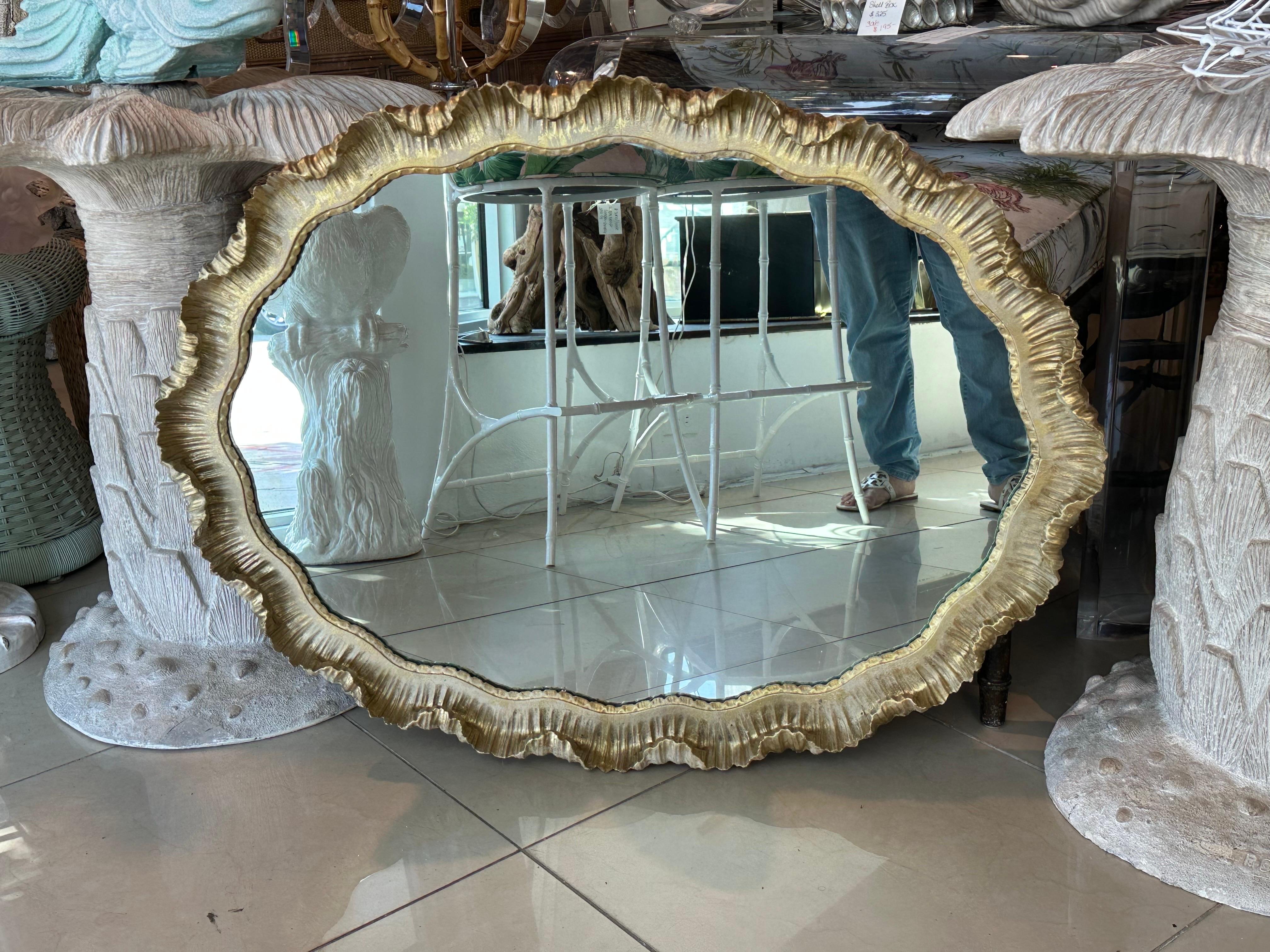 Hollywood Regency Venetian Italian Gold Gilt Wood Gesso Scalloped Ruffle Oval Wall Mirror  For Sale