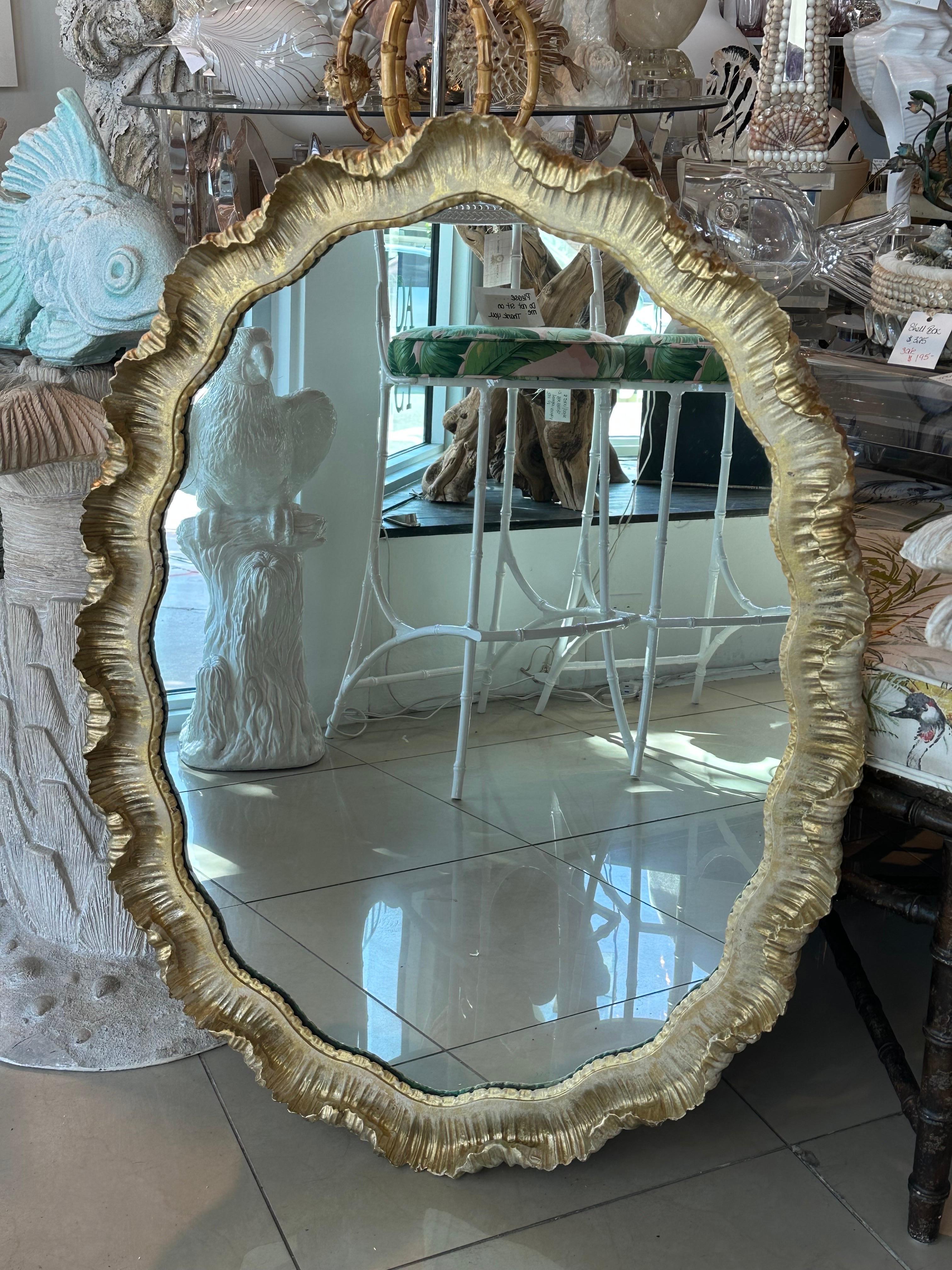 Mid-20th Century Venetian Italian Gold Gilt Wood Gesso Scalloped Ruffle Oval Wall Mirror  For Sale