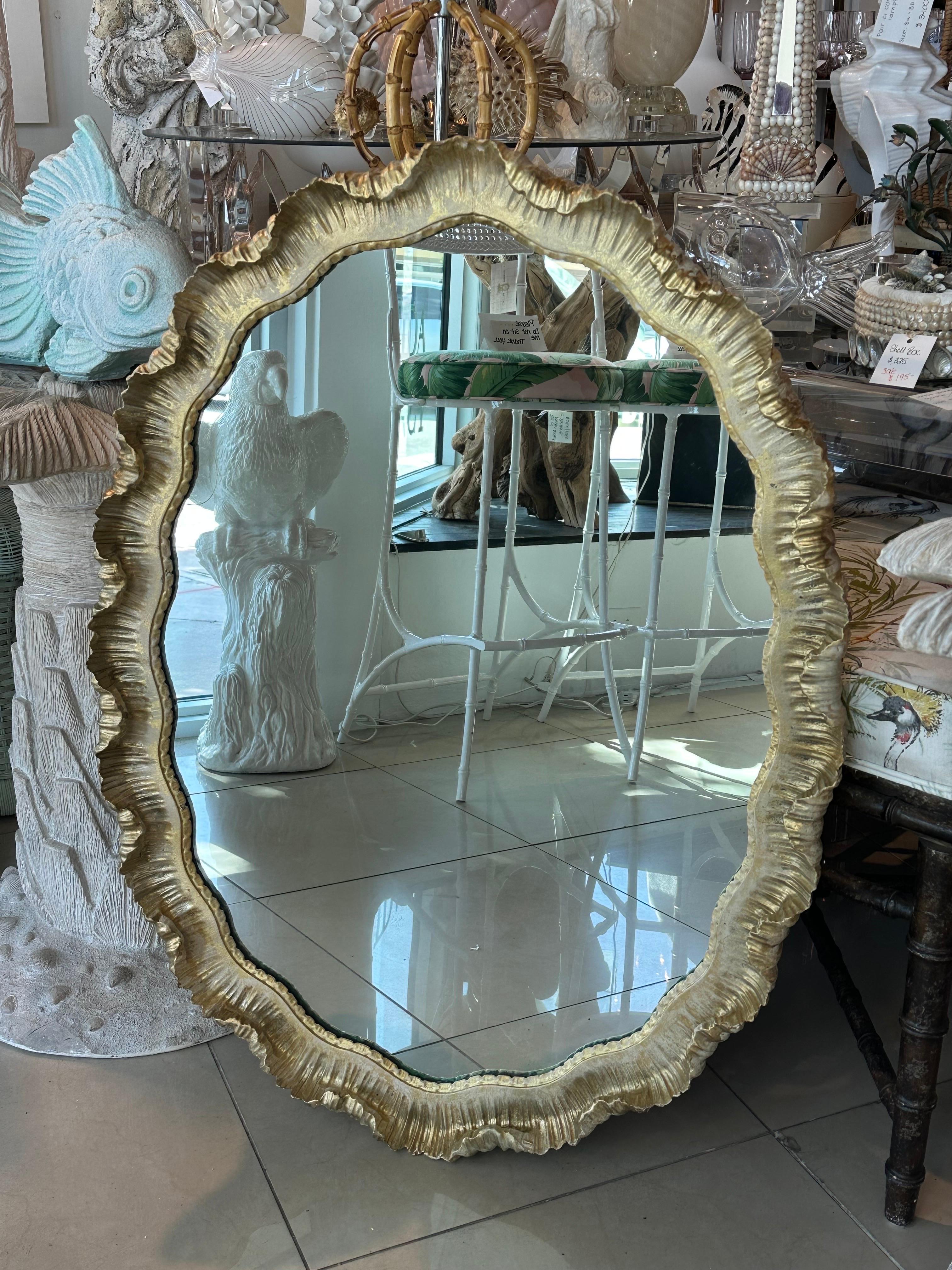 Venetian Italian Gold Gilt Wood Gesso Scalloped Ruffle Oval Wall Mirror  For Sale 2