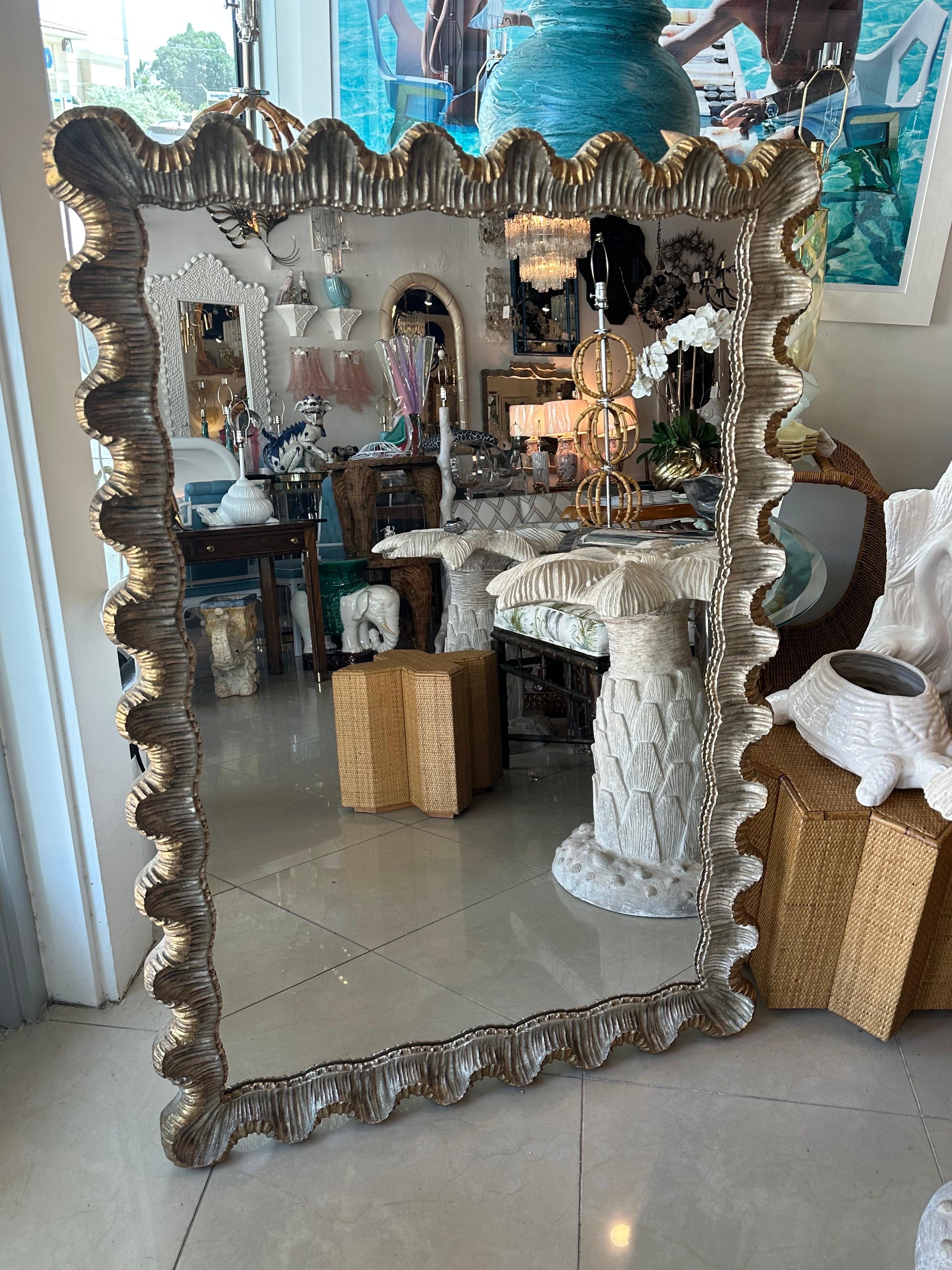 Venetian Italian Silver & Gold Gilt Wood Gesso Scalloped Ruffle Wall Mirror 4