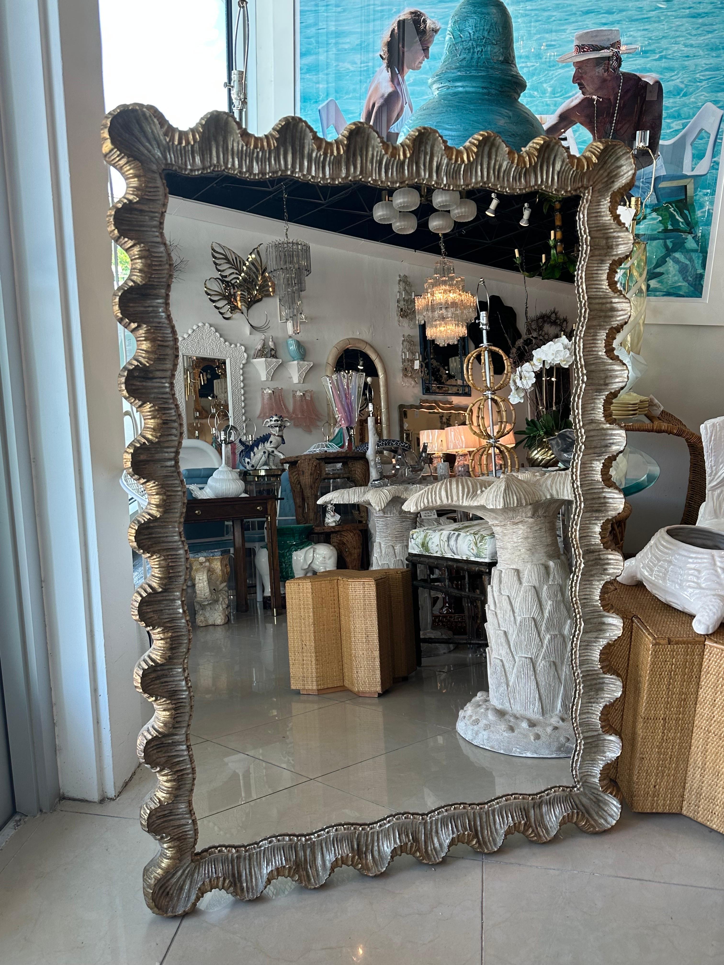 Venetian Italian Silver & Gold Gilt Wood Gesso Scalloped Ruffle Wall Mirror  6