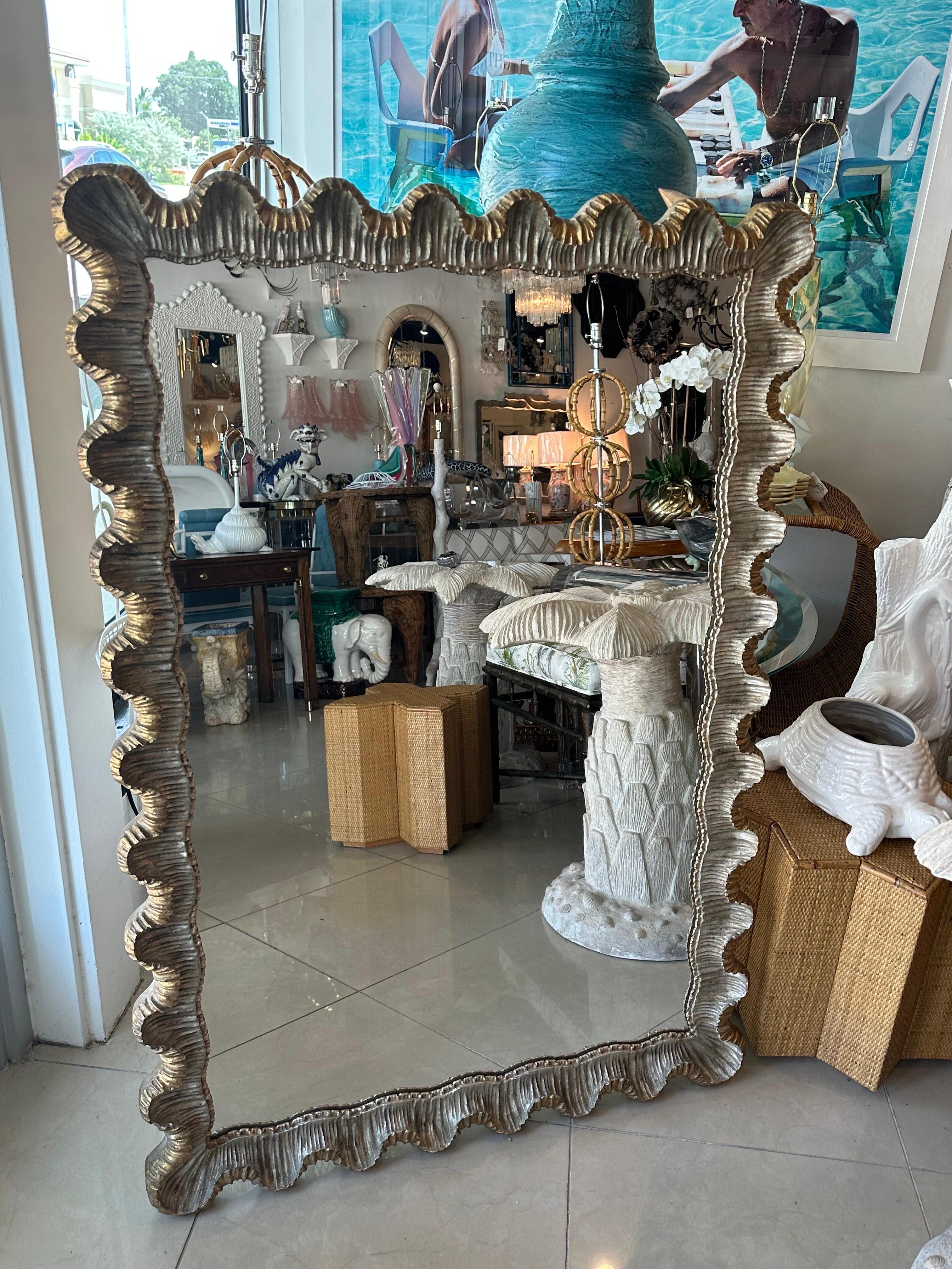 Venetian Italian Silver & Gold Gilt Wood Gesso Scalloped Ruffle Wall Mirror  8