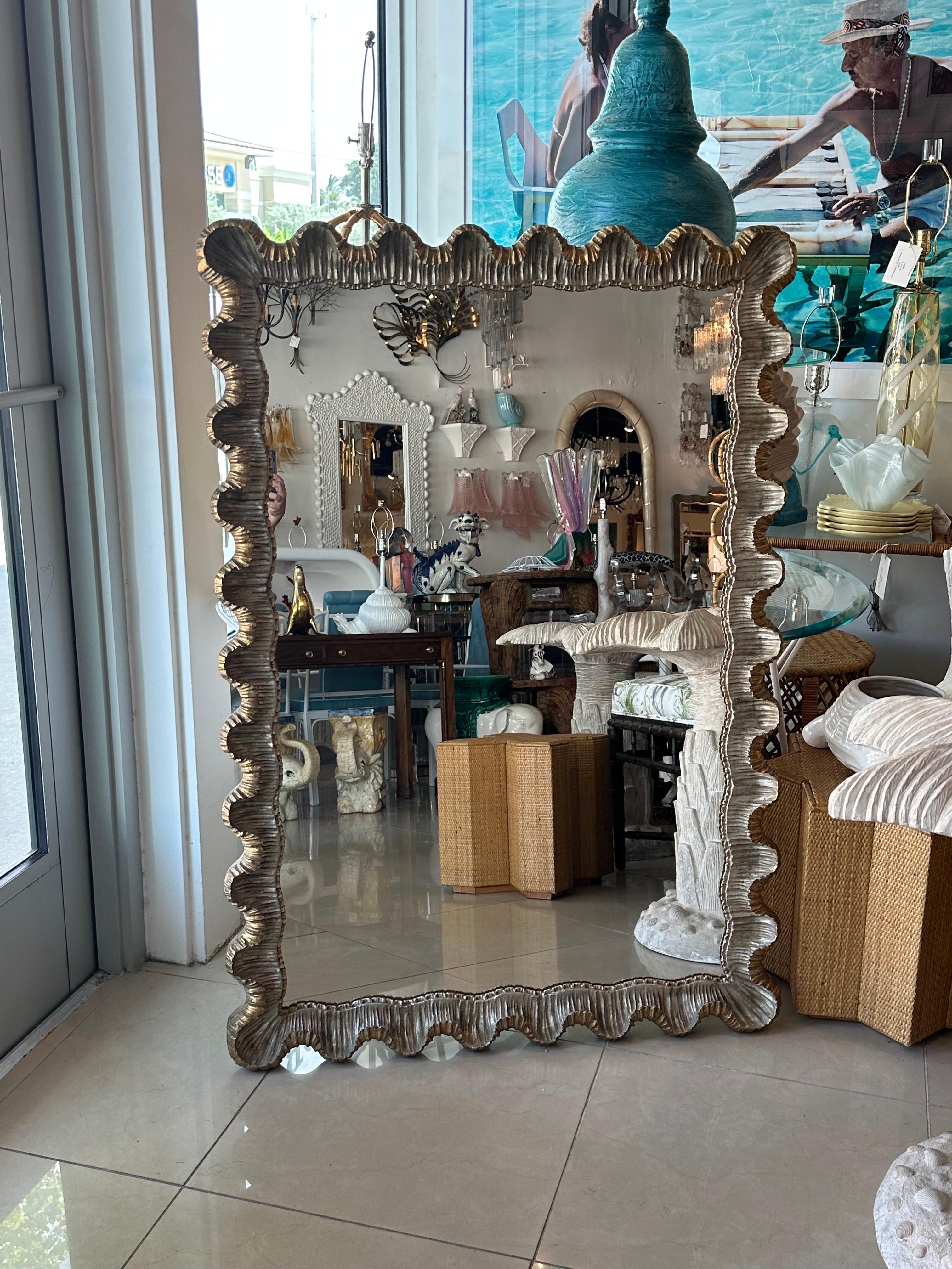 Hollywood Regency Venetian Italian Silver & Gold Gilt Wood Gesso Scalloped Ruffle Wall Mirror 