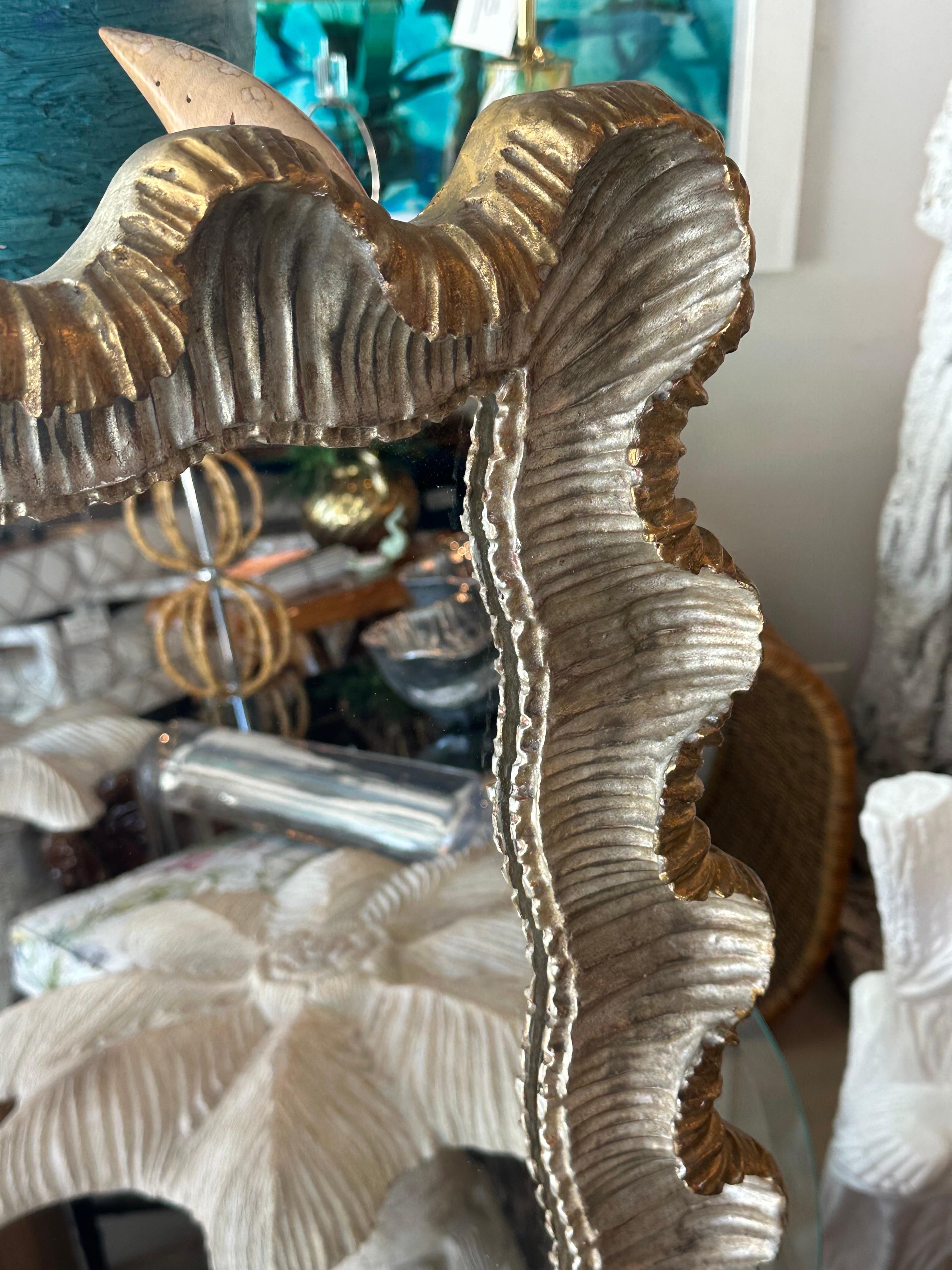 Venetian Italian Silver & Gold Gilt Wood Gesso Scalloped Ruffle Wall Mirror  3