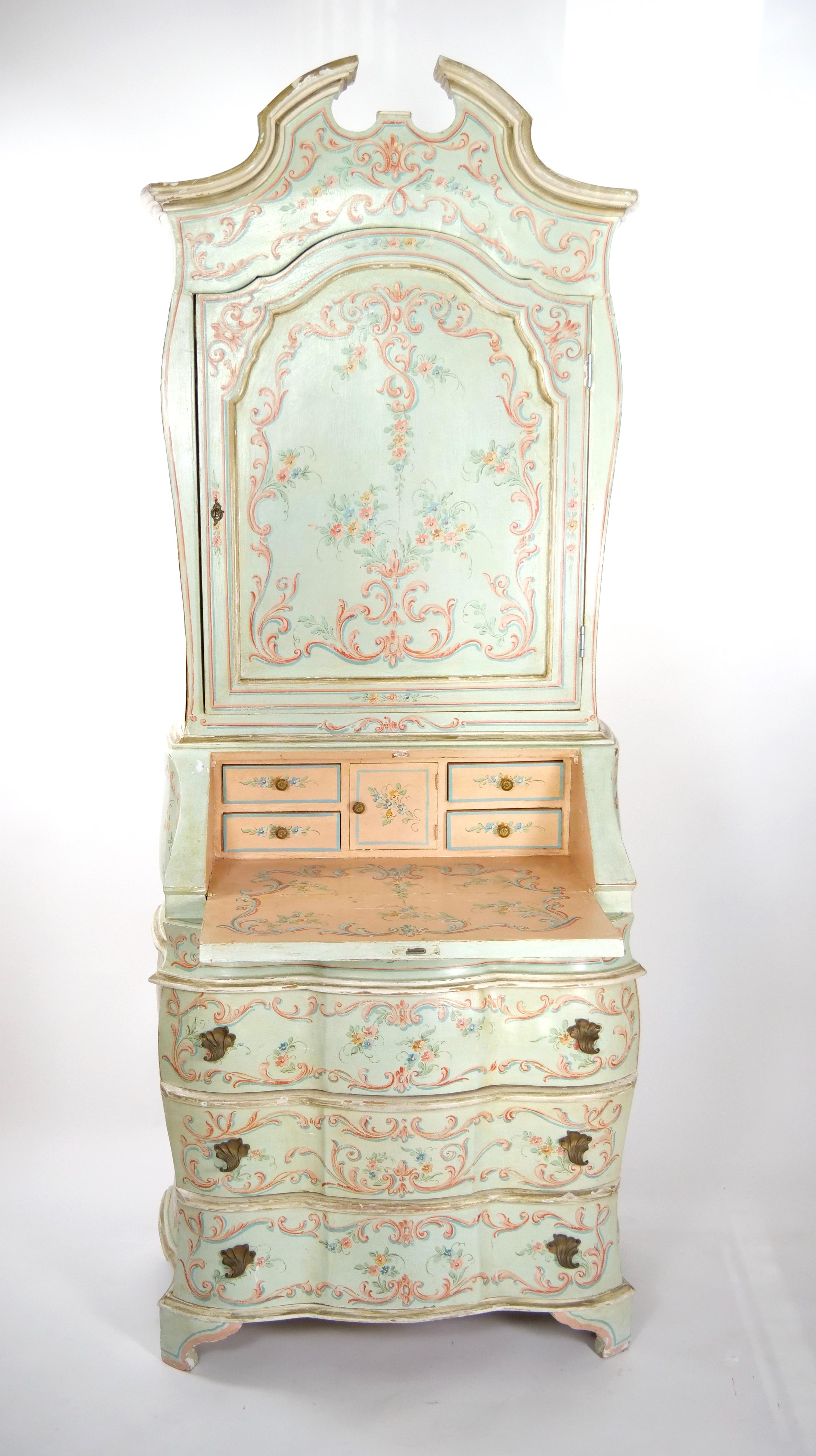 Hand-Carved Venetian Italian Style Polychrome Secretary Bookcase For Sale