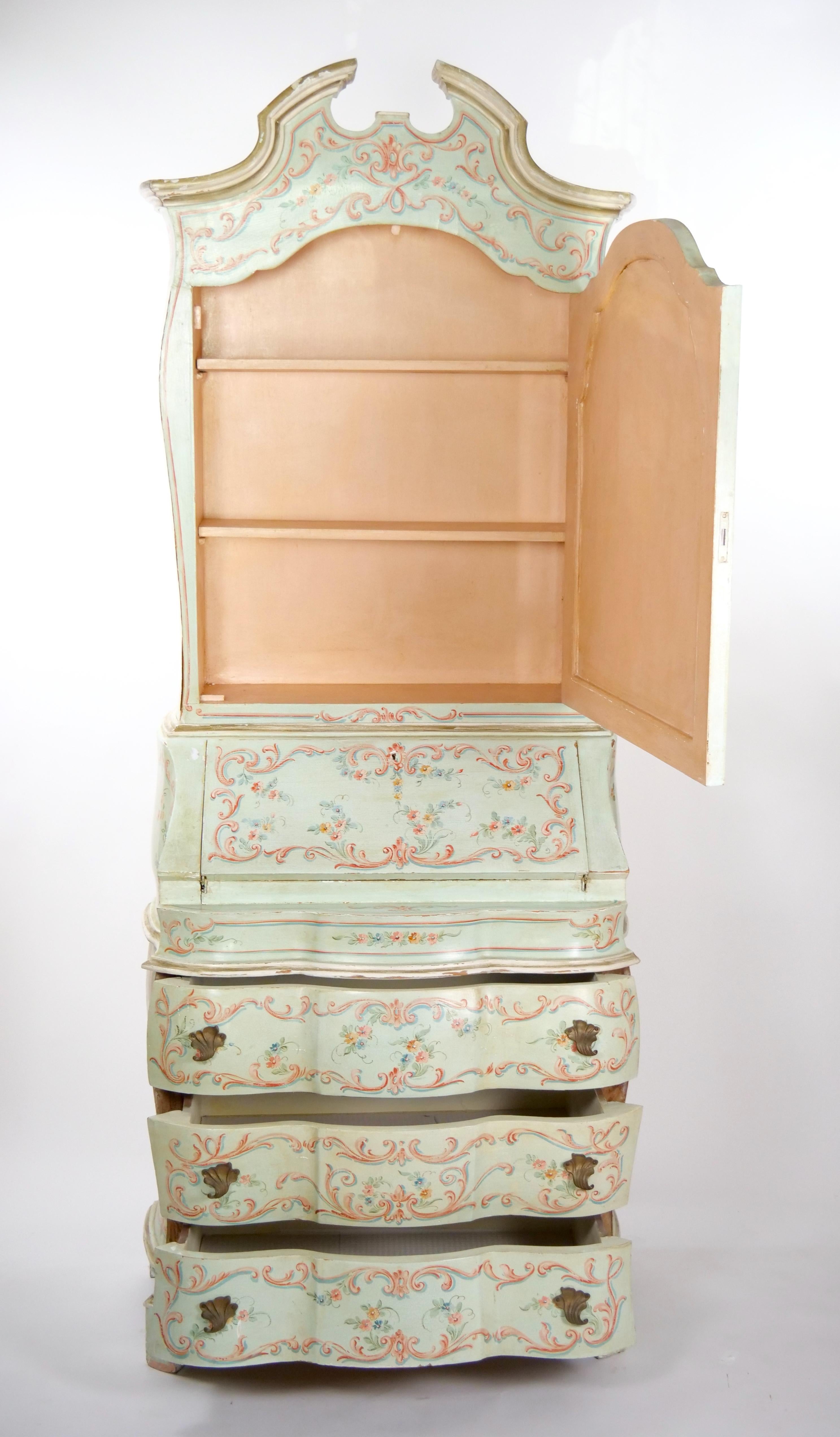 20th Century Venetian Italian Style Polychrome Secretary Bookcase For Sale