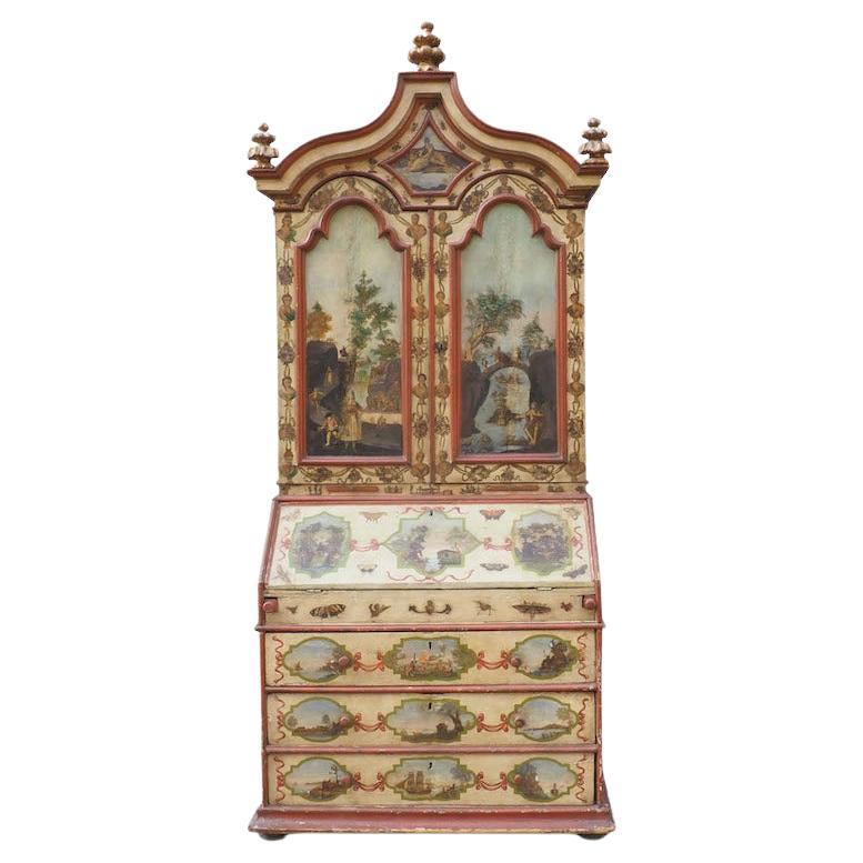 A rare and important Venetian bureau. In shape, this secretary is influenced by the English bureau bookcase. This example consists of three parts: the arched upper section whose interior contains visible drawers as well as hidden compartments, a