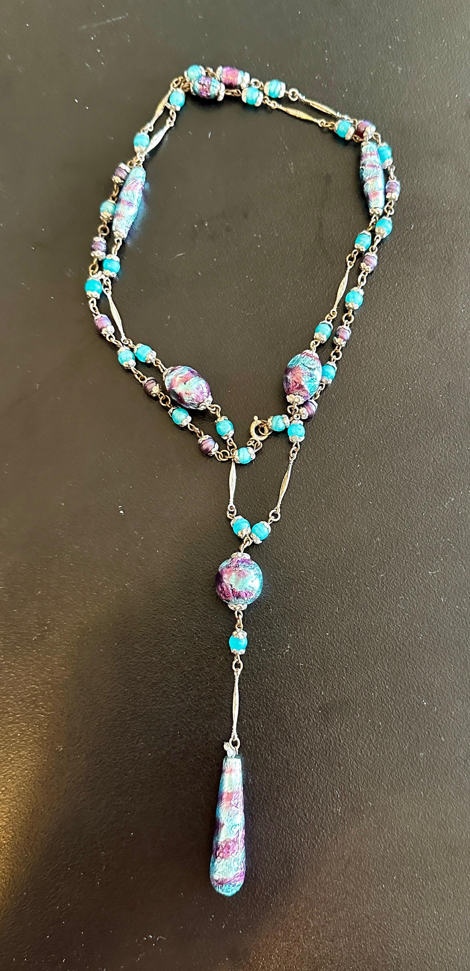THIS IS A STUNNING AND VERY RARE VICTORIAN -ART DECO - ART NOUVEAU - PERIOD VENETIAN MURANO GLASS LAMPWORK WEDDING CAKE ART GLASS NECKLACE.  THE NECKLACE IS A FABULOUS 32 INCHES LONG WITH A 4 1/2 INCH DROP.    THE NECKLACE HAS ABSOLUTELY